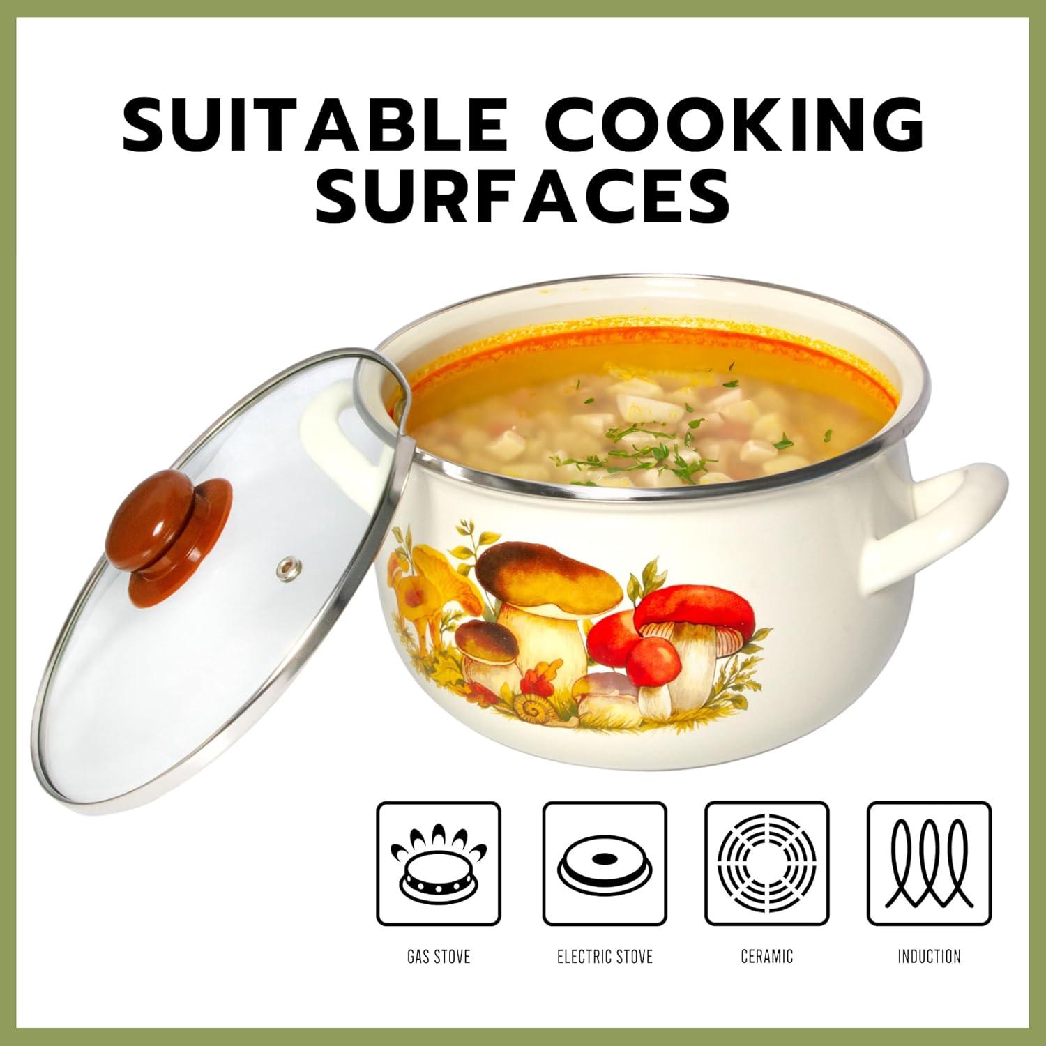 STP Goods Traditional Country Style Mushrooms Belly Deep Casserole Soup Pot with Glass Lid