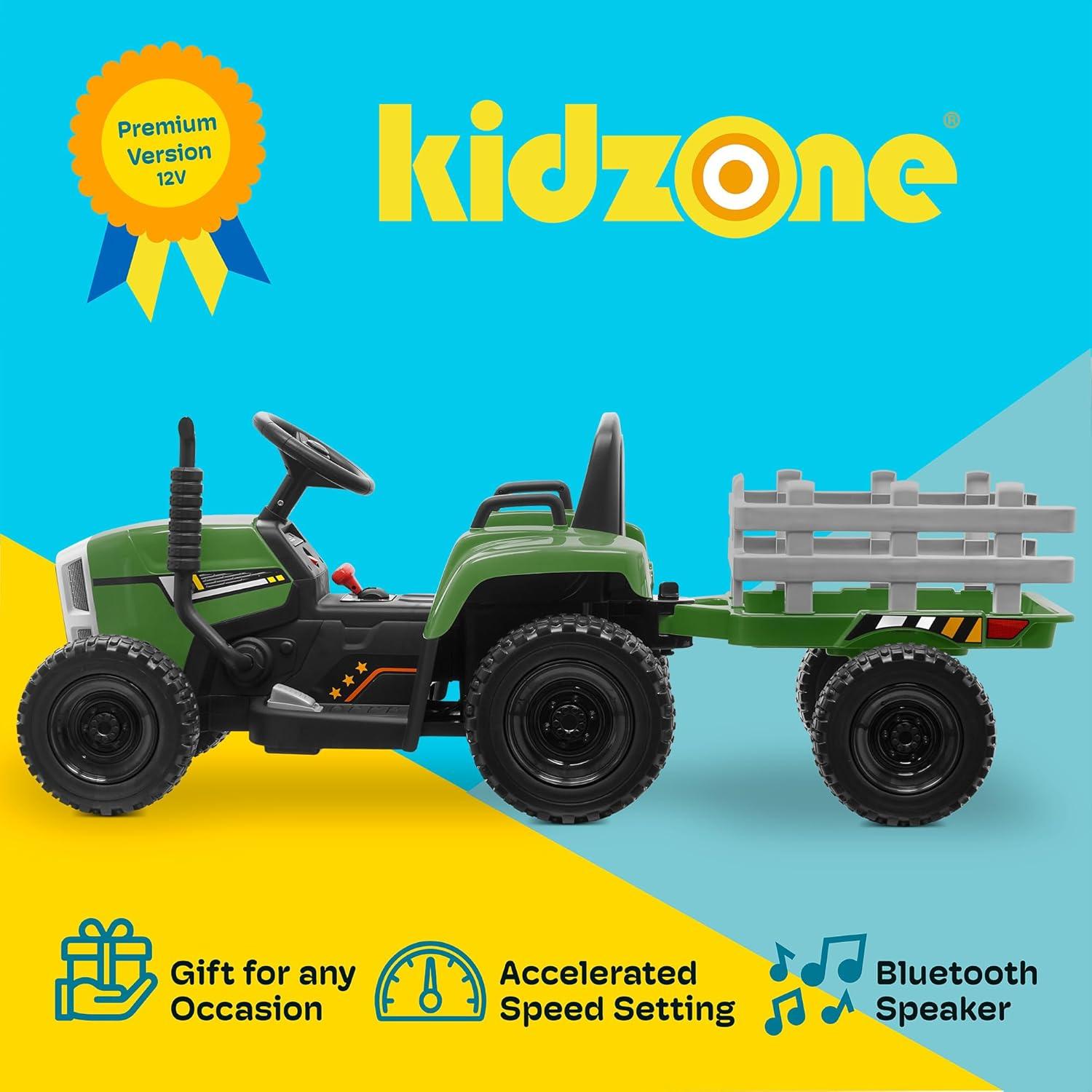 Kidzone 12V7AH Premium Version w/ EVA Treaded Tires Dual 35W Motors for 3+ Years Boys & Girls, Electric Tractor w/ Trailer Toddler Ride On Toy 3-Gear-Shift, 7-LED Lights Bluetooth, Dark Green