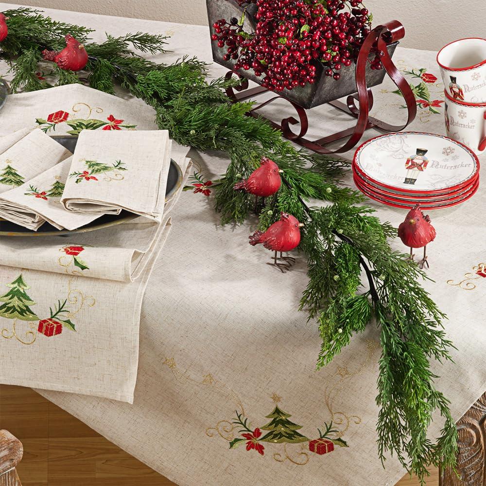 Saro Lifestyle Embroidered Christmas Tree Design Holiday Linen Blend Tablecloth, 67"x67", Beige