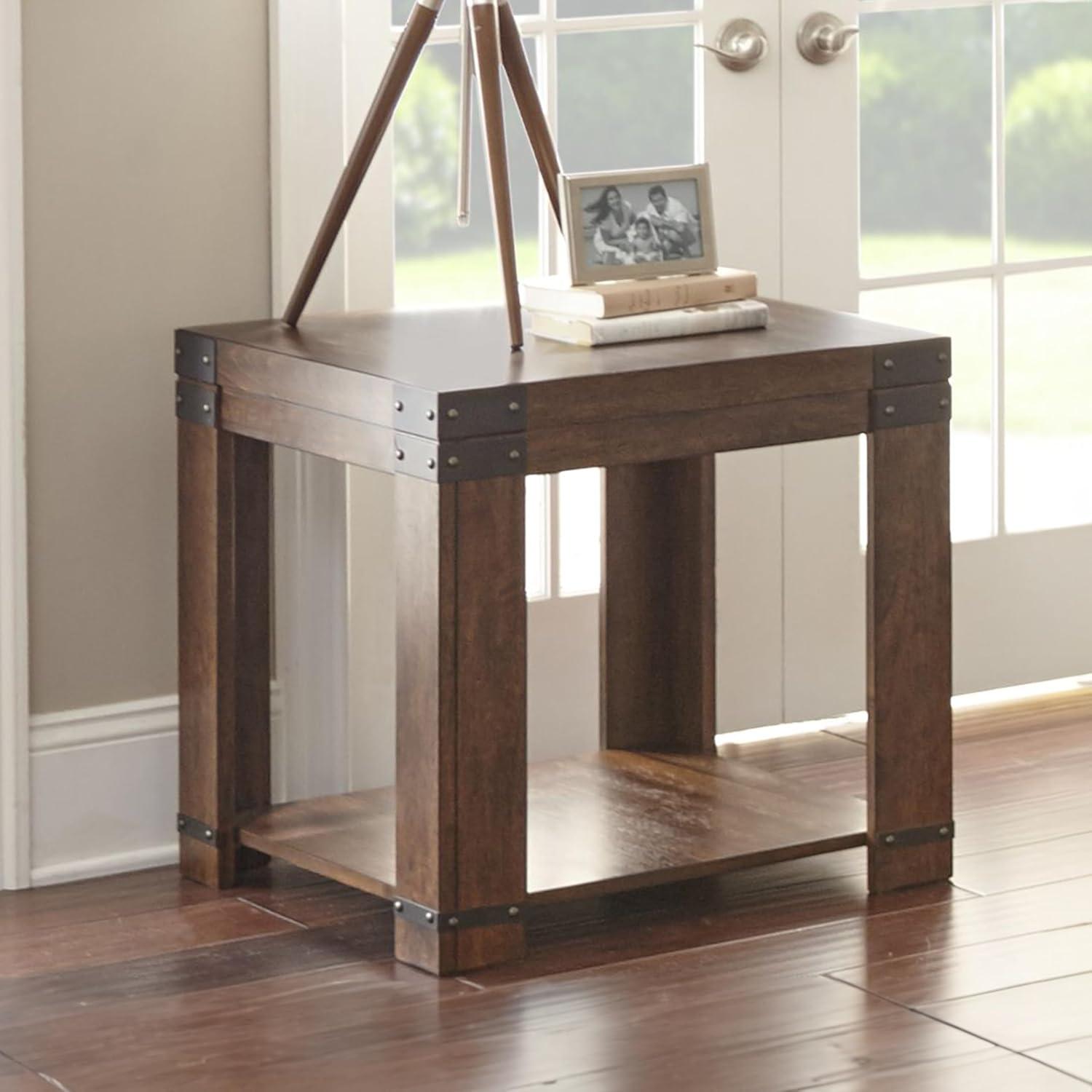 Medium Cherry Wood and Metal Square End Table with Storage