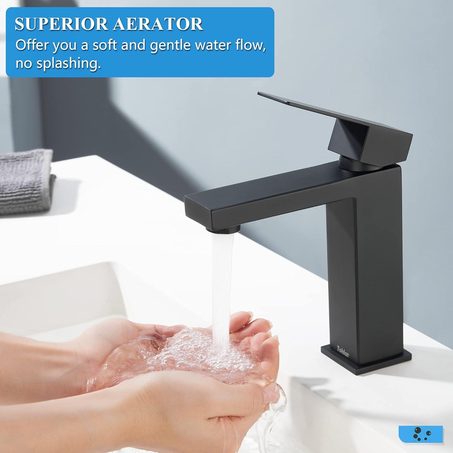 Matte Black Single Handle Bathroom Sink Faucet, Stainless Steel Bathroom Faucet with cUPC Certified Water Supply Hoses, Commercial Vanity Faucet Modern Single Hole RV Bathroom Faucets