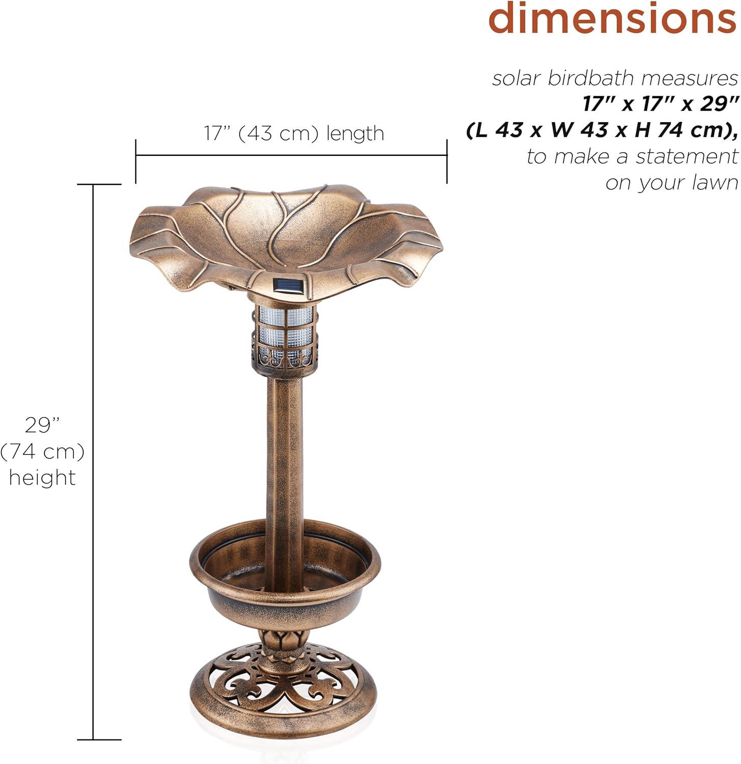 Bronze Outdoor Pedestal Birdbath with Planter and Solar LED