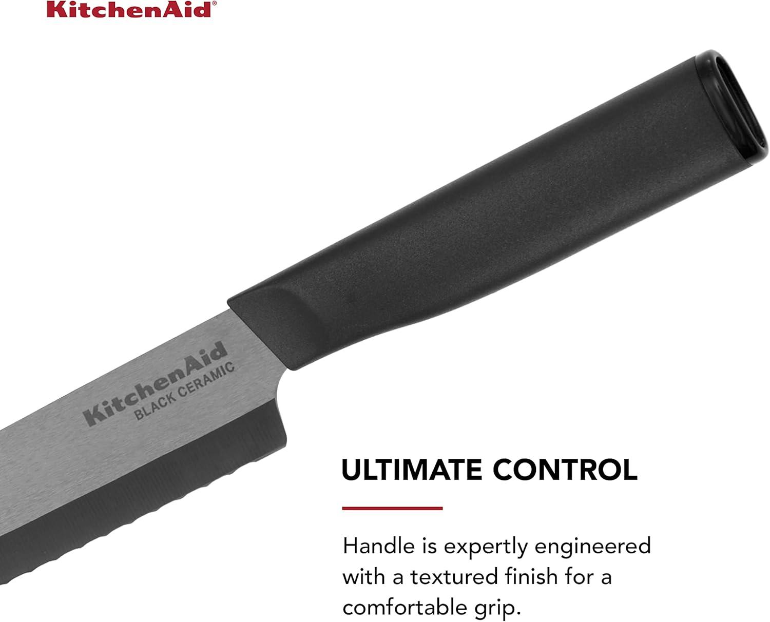 Kitchenaid Classic Ceramic Serrated Bread Knife with Endcap and Blade Cover, 6-inch, Black