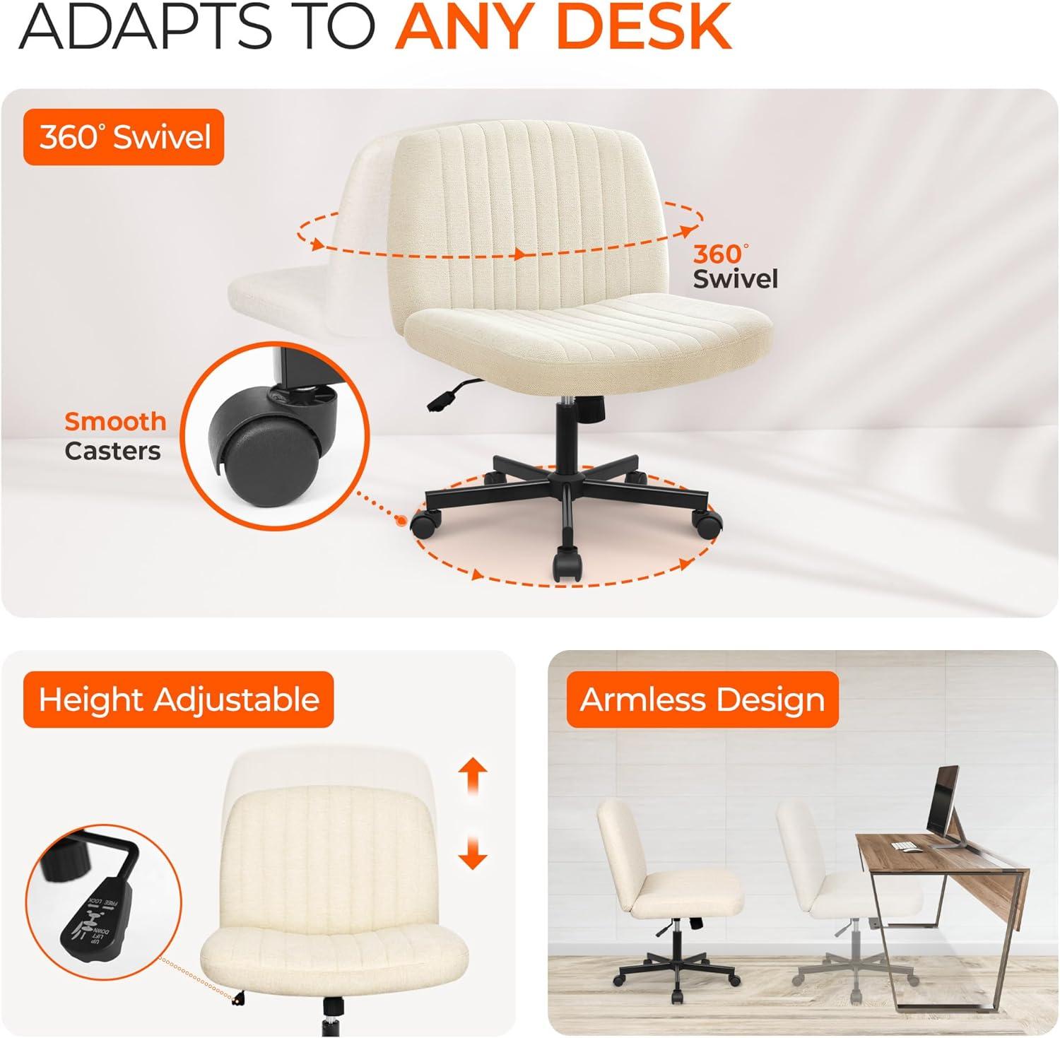 ORANGE FACTORY Criss Cross Legged Home Desk Chair Wide Armless with Wheels Swivel Padded Fabric Chair, Beige