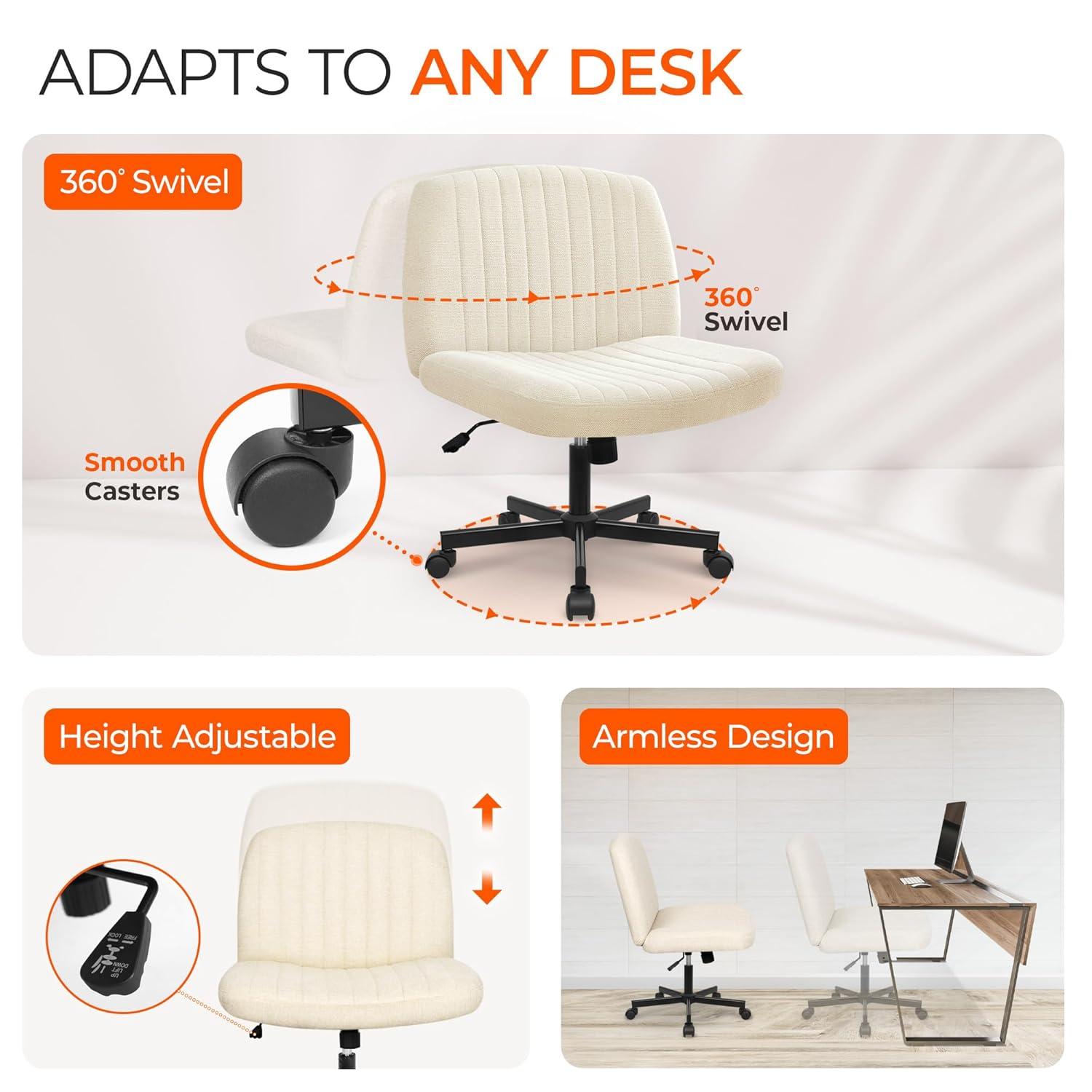 ORANGE FACTORY Criss Cross Legged Home Desk Chair Wide Armless with Wheels Swivel Padded Fabric Chair, Beige