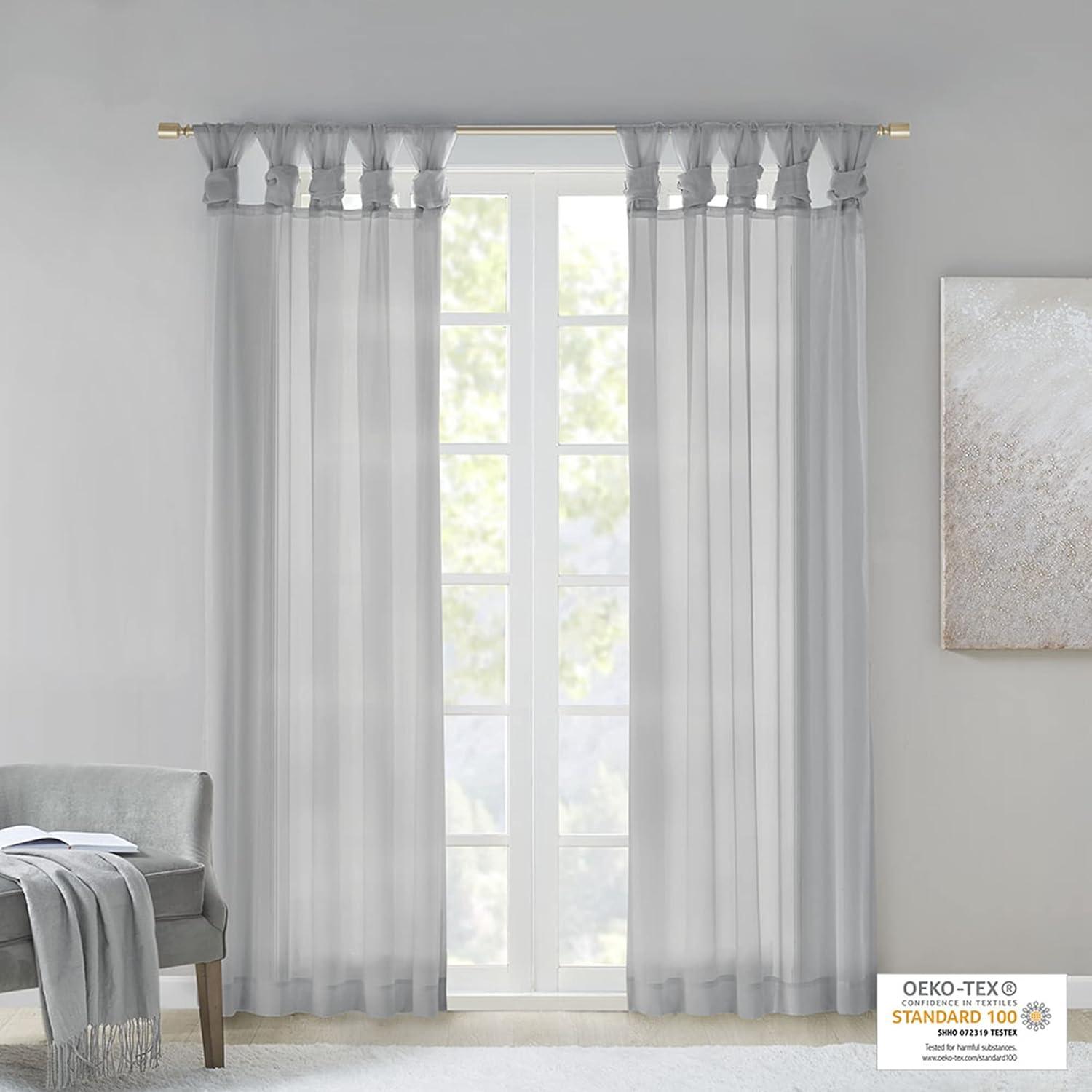 Madison Park Ceres Adult Twisted Tab Voile Sheer Curtain Panel Pair Light Grey 50x63 - Indoor Living Room