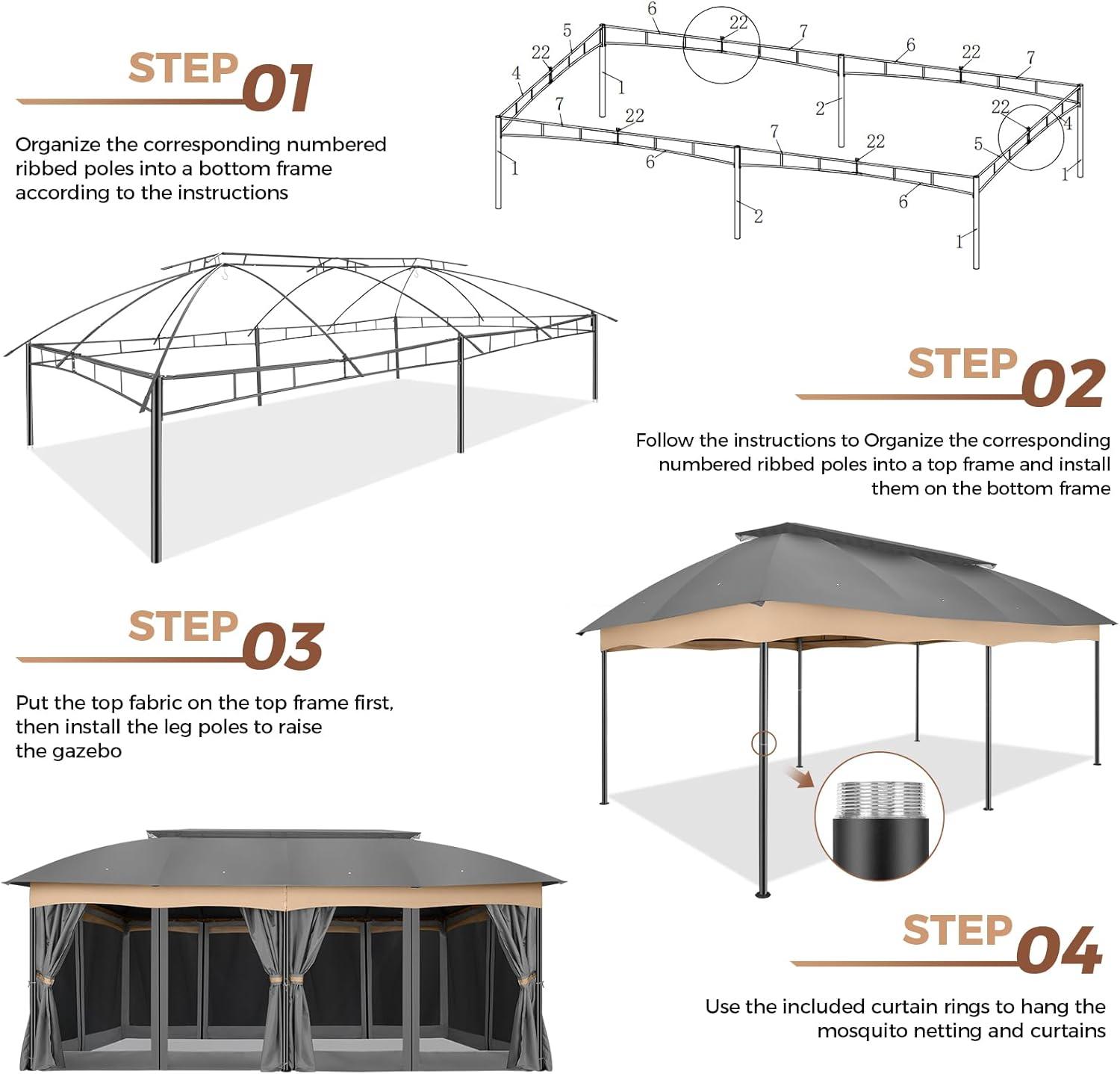 Hoteel 12X20 Heavy Duty Outdoor Patio Gazebo with Mosquito Netting and Curtains, Canopy Tent Deck Gazebo with Double Roofs and Metal Steel Frame for Party, Backyard, Deck, Garden, Gray