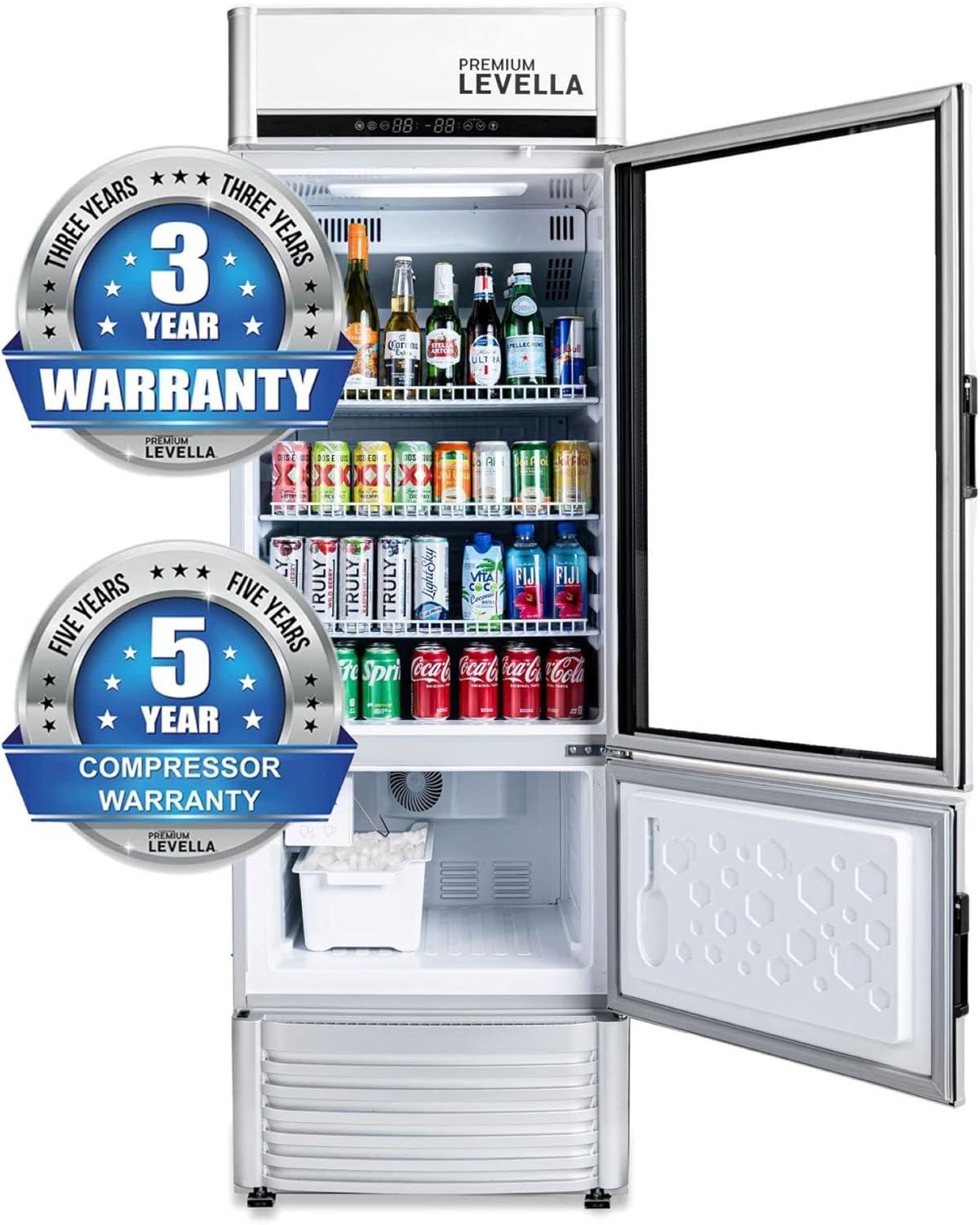 Premium Levella PRFIM1256DX Single Glass Door Merchandiser Refrigerator-Freezer with Automatic Ice Maker Display Beverage Cooler-12.5 cu ft-Silver