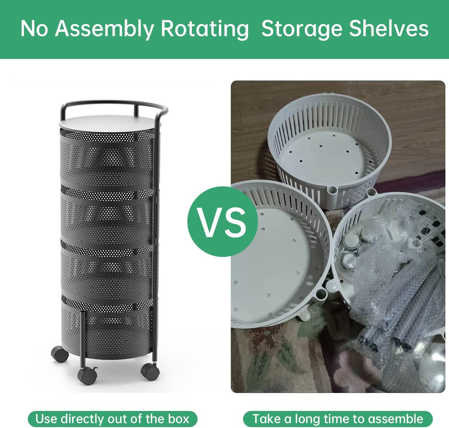 Rotating Kitchen Storage Rack No Assembly, 4-Tier Metal Storage Tower Basket Shelves Organizer on Rolling Wheels with Removal Drawers for Fruit Vegetable Grocery Corns Potato Onion (4-Tier, Black)