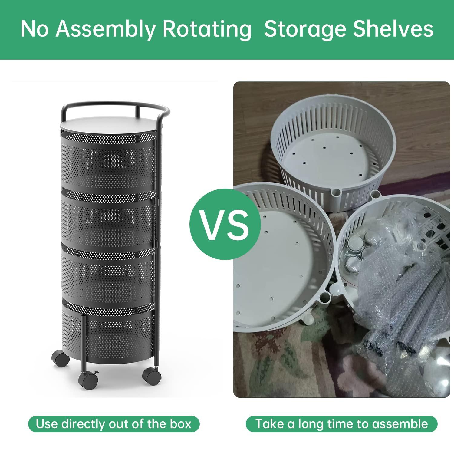 Rotating Kitchen Storage Rack No Assembly, 4-Tier Metal Storage Tower Basket Shelves Organizer on Rolling Wheels with Removal Drawers for Fruit Vegetable Grocery Corns Potato Onion (4-Tier, Black)
