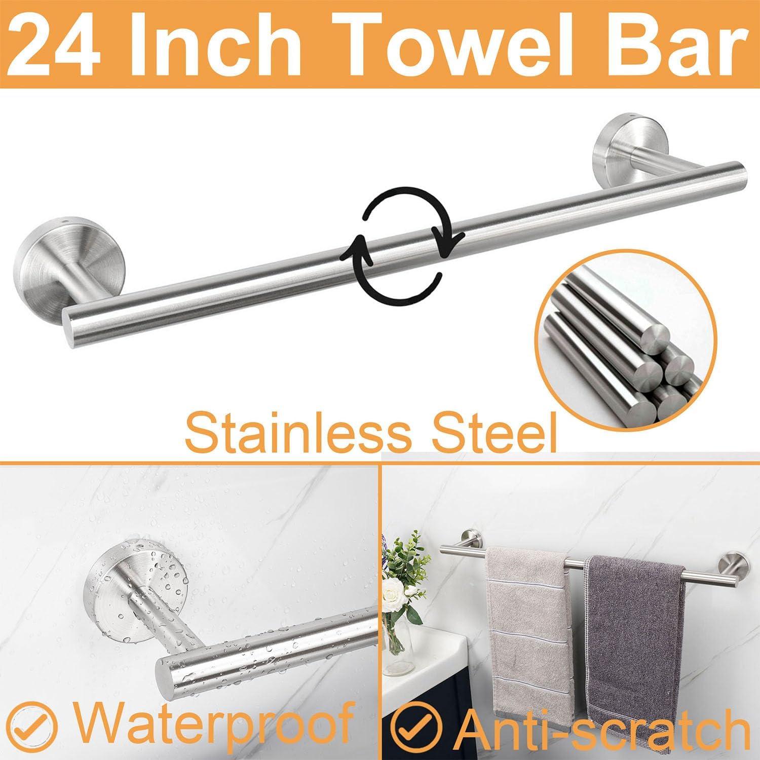 Bathroom Hardware Set, 3-Piece Silver Bath Accessories Set Wall Mount Includes 23'' Towel Bar,Toilet Paper Holder, 1 Hook SUS304 Stainless Steel,Heavy Duty