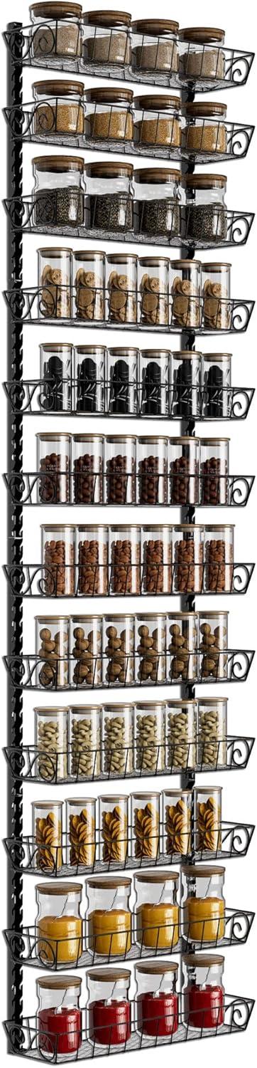 SWOMMOLY Adjustable Wall Mount Spice Rack Organizer, 12-Tier Dual-use (Multi-use) Hanging Spice Shelf Storage for Kitchen Pantry Cabinet Door, Seasoning Holder Organizer, Black