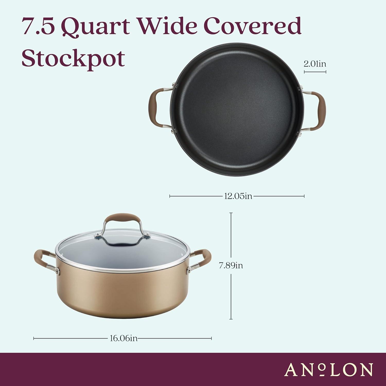 Anolon Advanced Home 7.5qt Covered Wide Stockpot Bronze: Nonstick Hard Anodized Aluminum, Gas & Electric Compatible