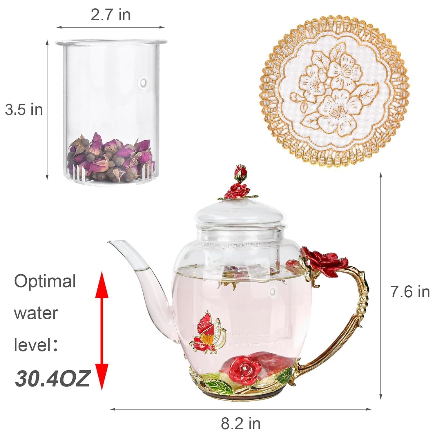 House of Hampton® Enamel Glass Flower Tea Pot With Removable Loose Tea Leaf Infuser Tea Maker Teapot Set 30.4OZ Gifts For Women,Mom,Birthday