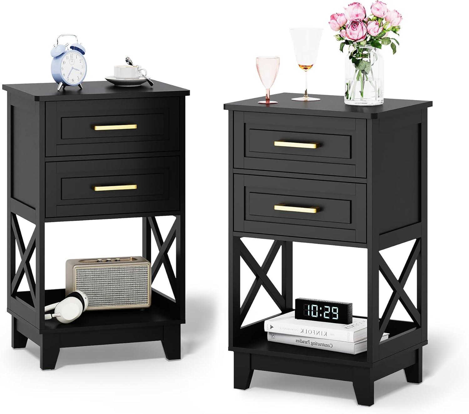 RoyalCraft Tall Nightstand Set of 2, Side Table with 2 Drawers and Open Shelf Below, Bedside Table with Solid Feet, Modern Night Stand End Table for Bedroom, Living Room, Home Office, Black