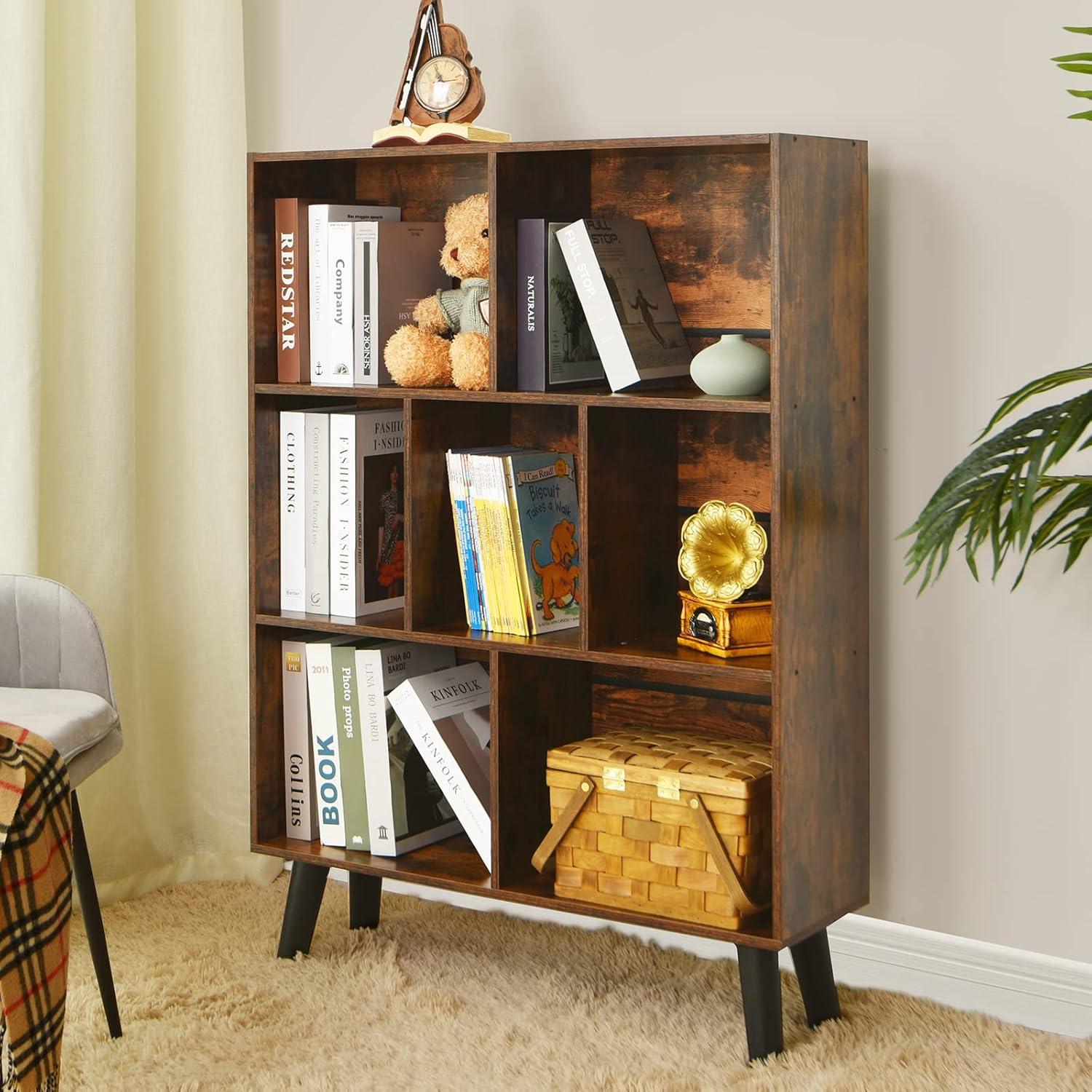 Retro Brown 3-Tier Cube Bookshelf with Glossy Finish