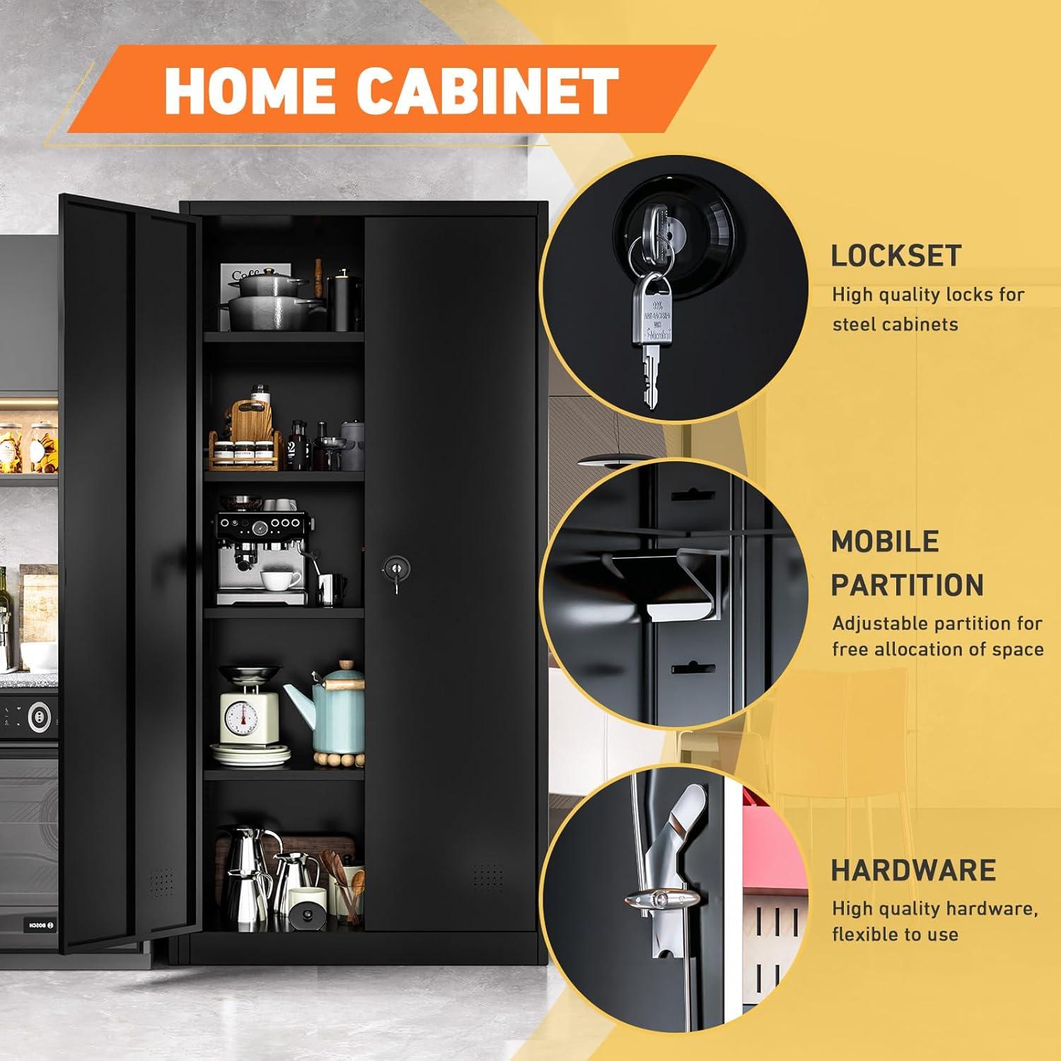 72'' Black Steel Lockable Storage Cabinet with Adjustable Shelves