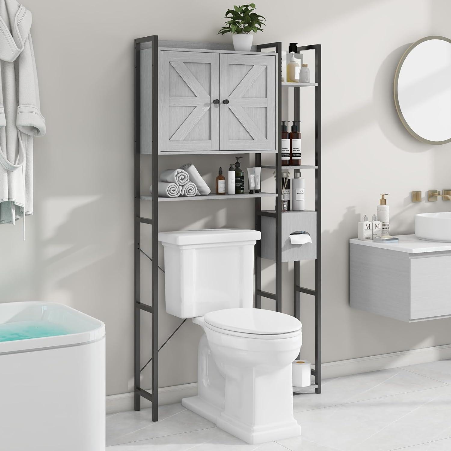 Gray Over-The-Toilet Storage Cabinet with Dual Doors and Shelves