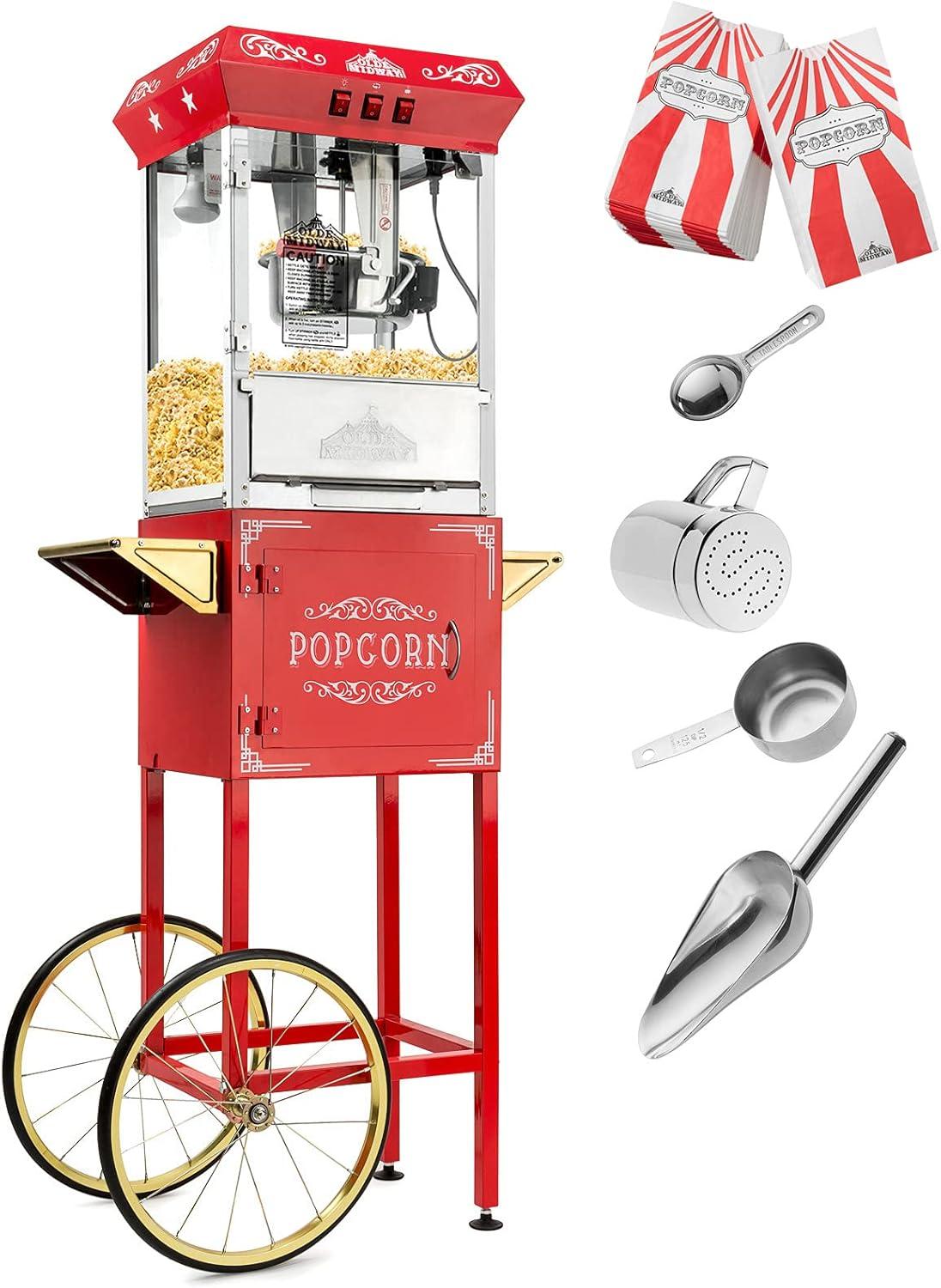 Olde Midway Vintage-Style Popcorn Machine Maker Popper with Cart and 8 Ounce Kettle