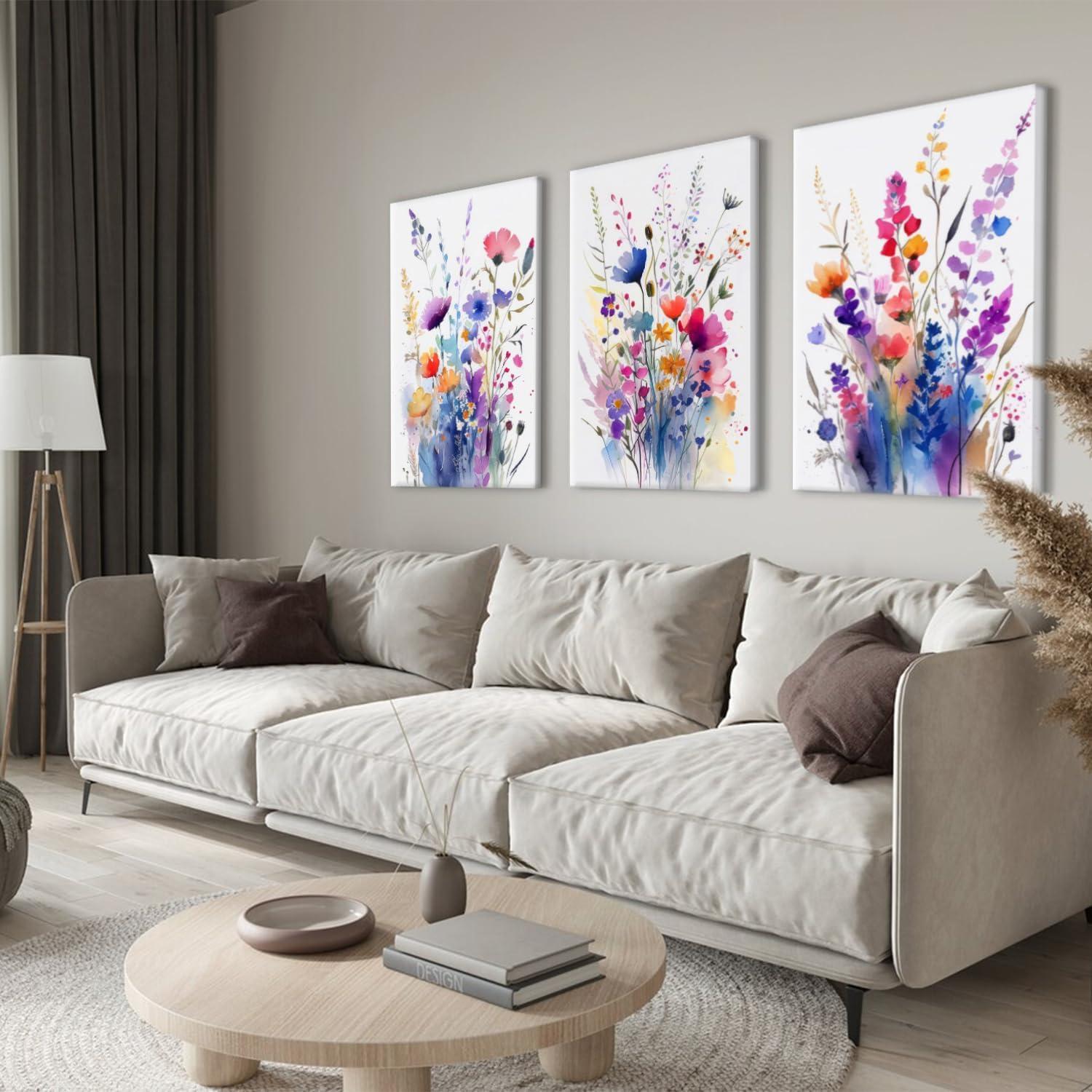 JRXY 3 Pcs Framed Watercolor Floral Botanical Canvas Wall Art Colorful Wildflower Plant Paintings Prints Posters 12x16 in