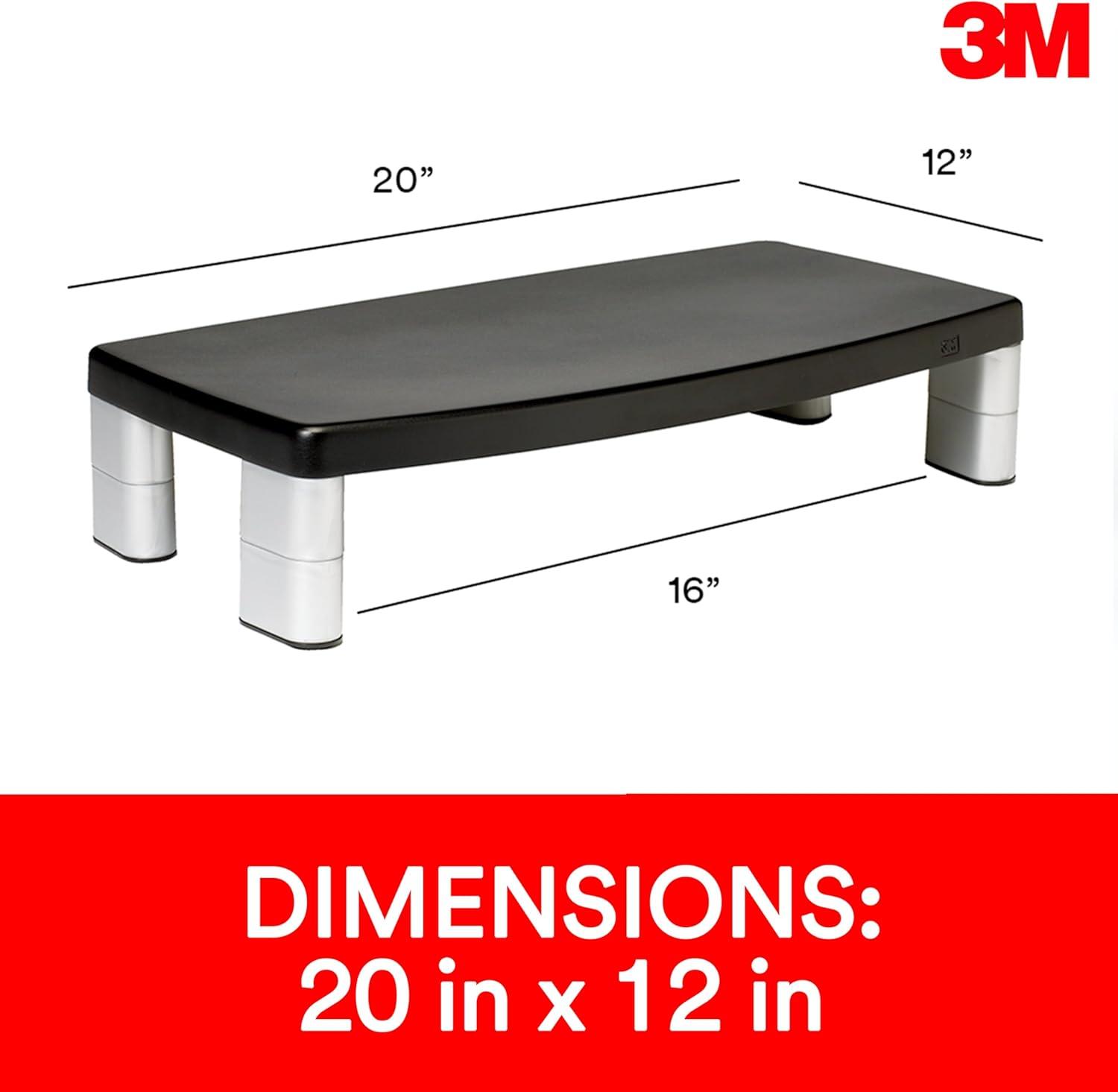 3M Extra Wide Adjustable Monitor Stand, Three Leg Segments Simply Adjust Height from 1" to 5 7/8", Sturdy Platform Holds Up to 40 lbs, 16-inch Space Between Columns for Storage, Silver/Black (MS90B)