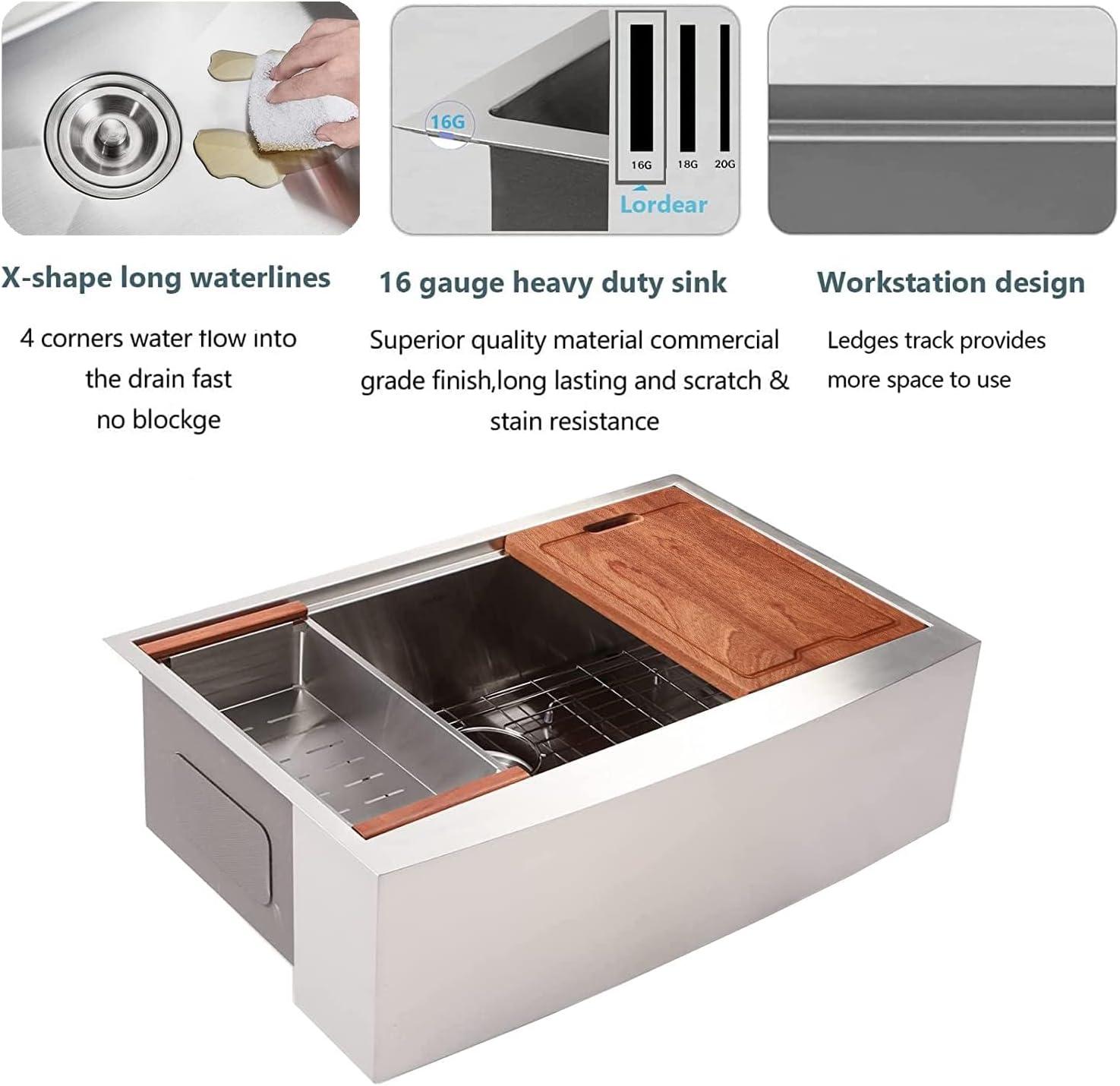36 Farmhouse Sink Stainless Steel Kitchen Sink Apron Front Ledge Workstation Single Bowl Farm Sink
