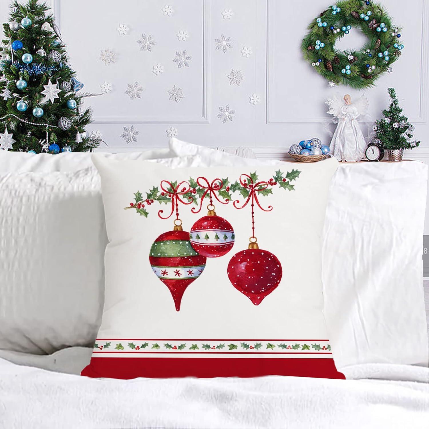 Set of 4 Merry Christmas Decorative Throw Pillow Covers Winter Holiday Xmas Velvet Pillow Cases Christmas Trees Socks Cushion Covers Outdoor Sofa and Home Decor Pillow Protectors 18x18 Inch