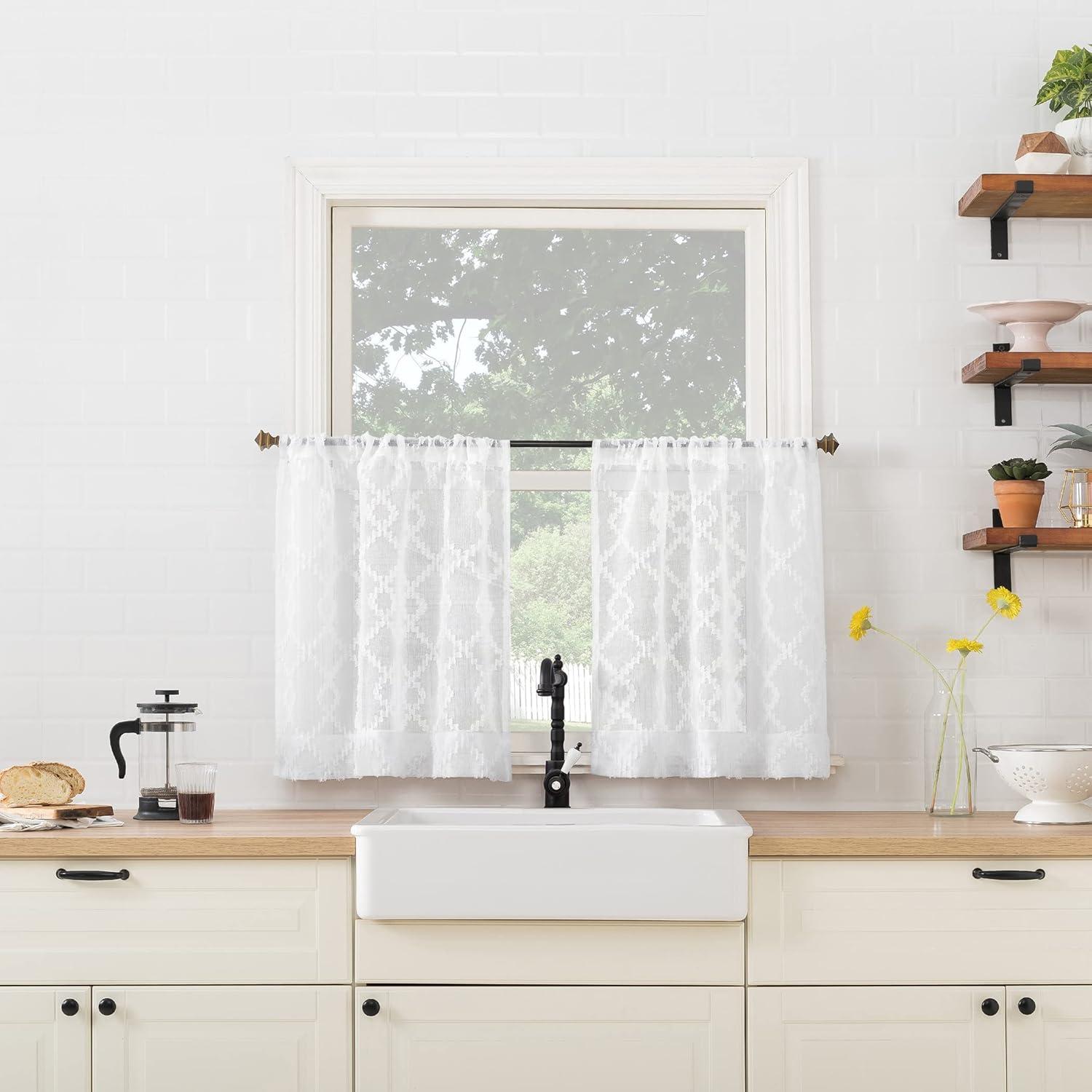 No. 918 Tina Geometric Clipped Semi-Sheer Rod Pocket Kitchen Curtains, 54"x36"