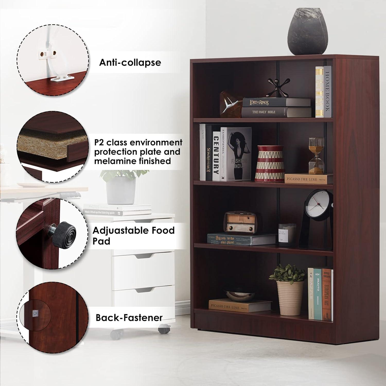 Mahogany 4-Shelf Adjustable Freestanding Bookcase