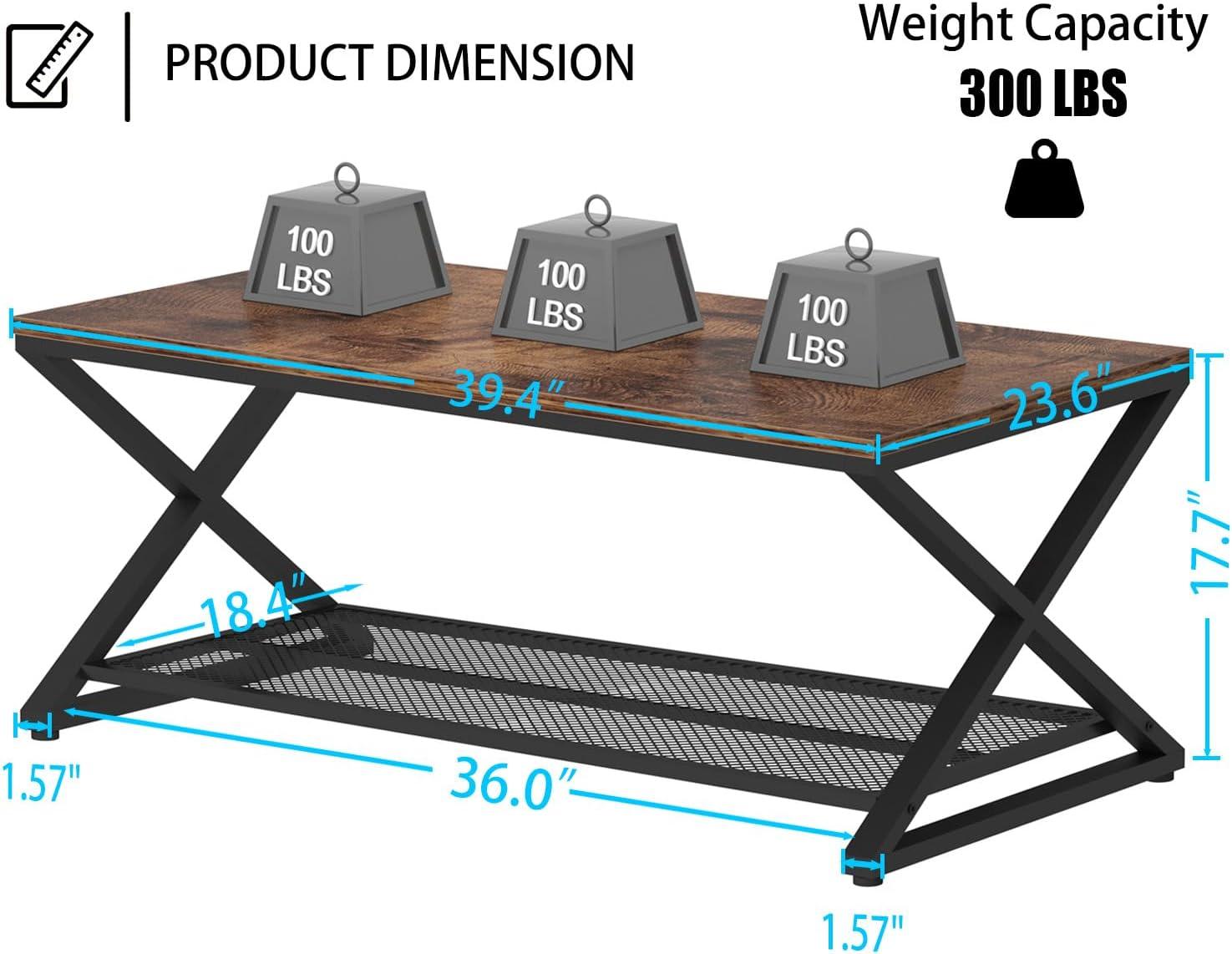 Rustic Brown Metal Frame Rectangular Coffee Table with Storage