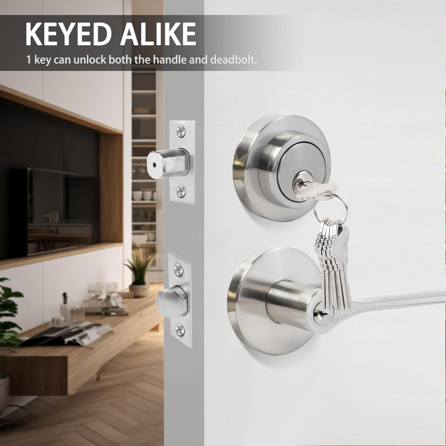 Brushed Nickel Round Stainless Steel Entry Knob and Deadbolt Set