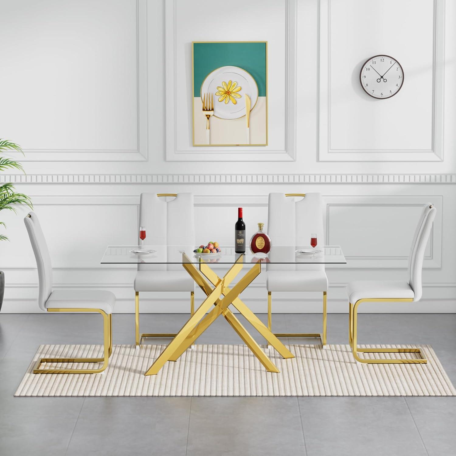 Henf 5 Piece Gold Dining Table Set for 4, Modern Glass Kitchen Table and Chairs for 4, Dining Room Table Set with 51" Glass Dinner Table & 4 White Faux Leather Chairs for Small Space,Home, Apartment