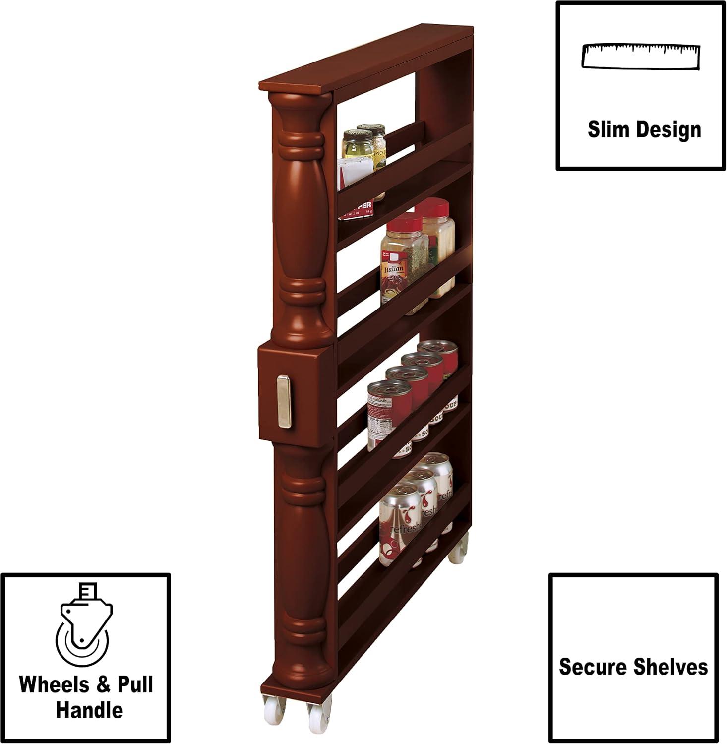 Wooden Can Organizer & Spice Rack - Slim Rolling Kitchen Cart - Natural Brown