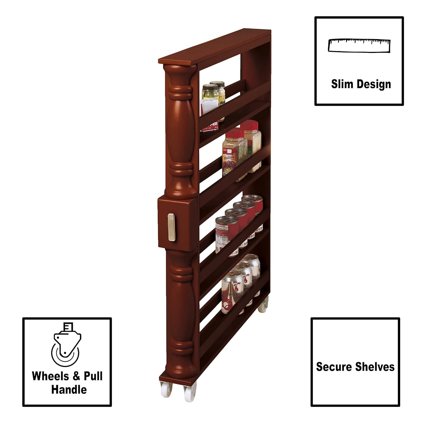 Wooden Can Organizer & Spice Rack - Slim Rolling Kitchen Cart - Natural Brown