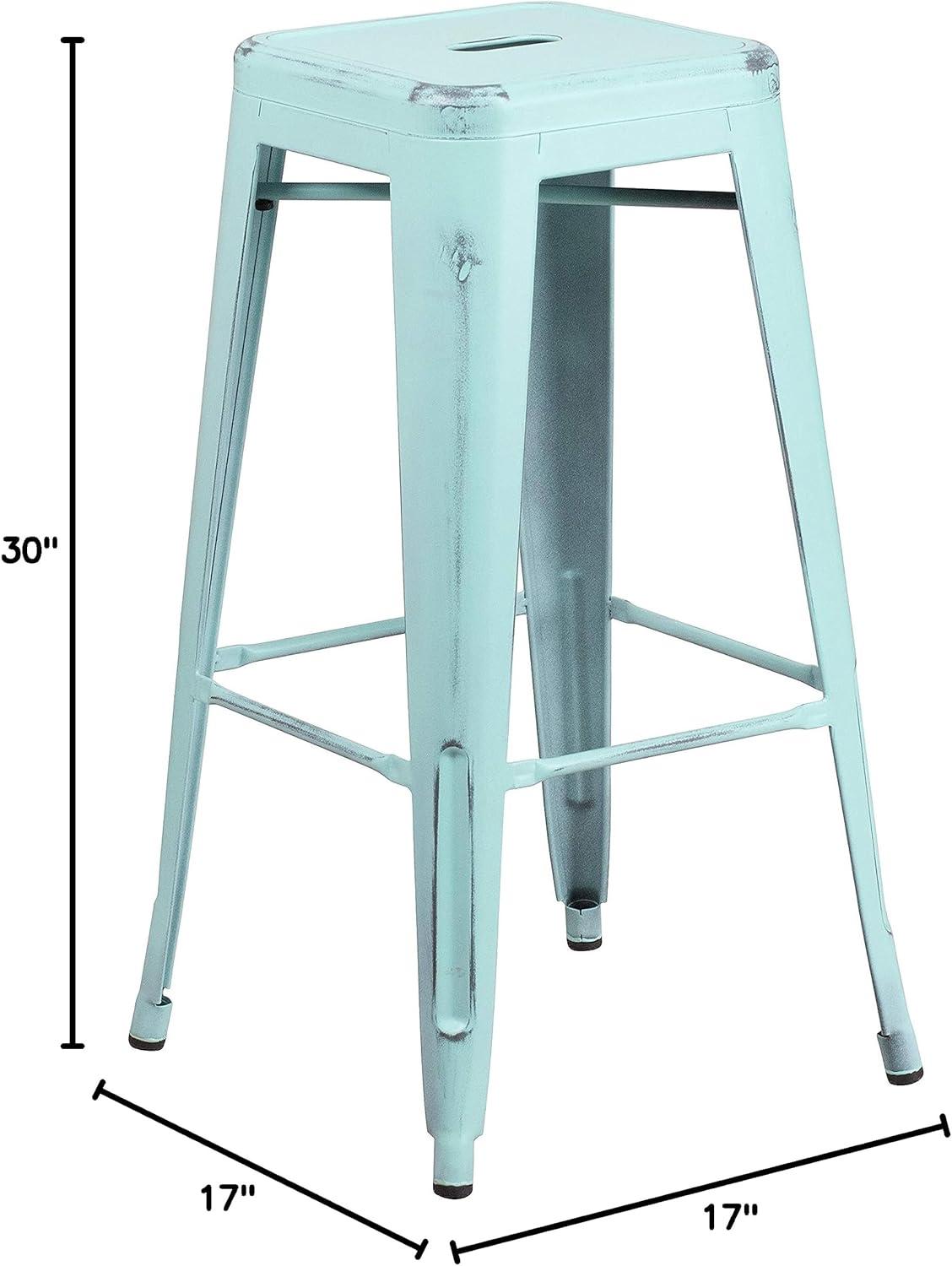 Flash Furniture Commercial Grade 30" High Backless Distressed Green-Blue Metal Indoor-Outdoor Barstool