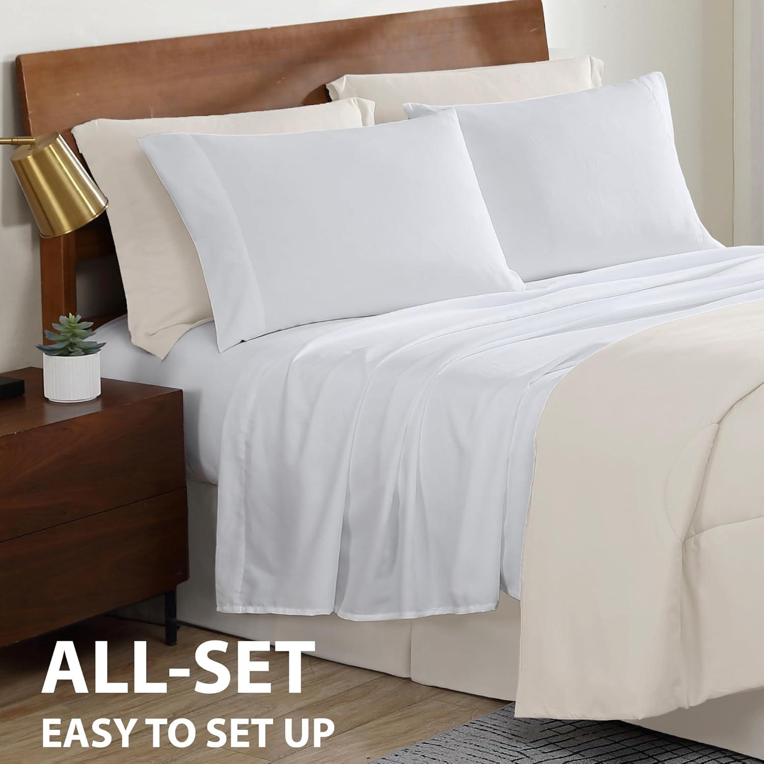 Cathay Home Basic Bedding Home Essential Ultra Soft Lightweight 8PC Wrinkle Resistant Microfiber Bed in a Bag Set (Includes Complete Sheet Set, Comforter Set & Bedskirt) - Twin, Coconut Milk