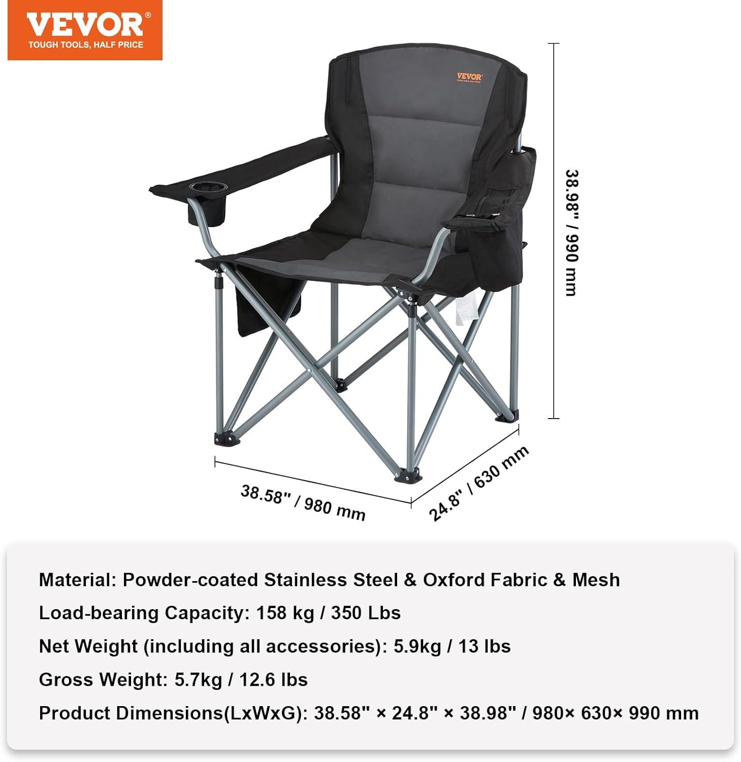 Heavy Duty Black Folding Camping Chair with Armrests and Storage