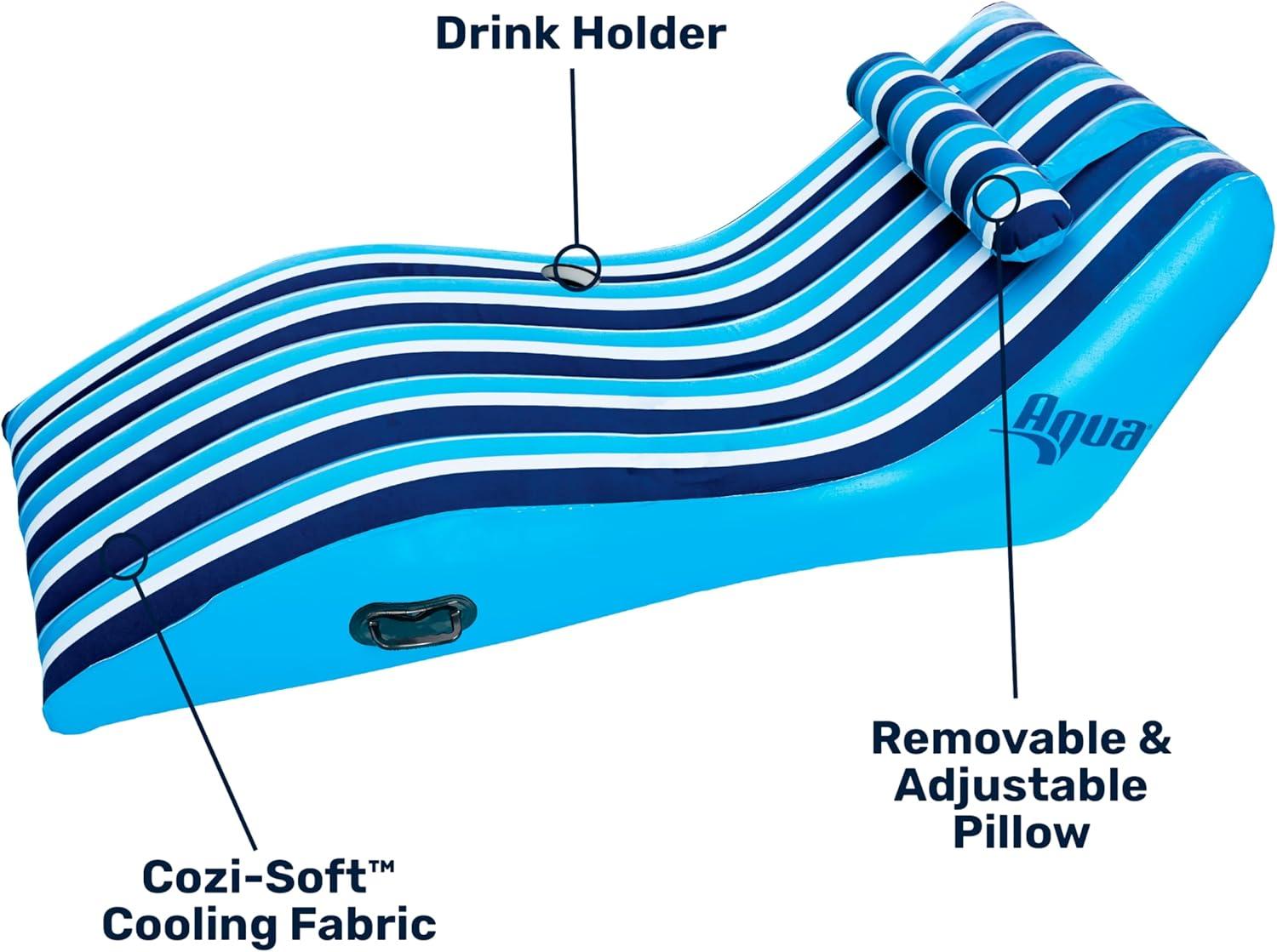 Blue Striped Inflatable Pool Lounger with Pillow Headrest