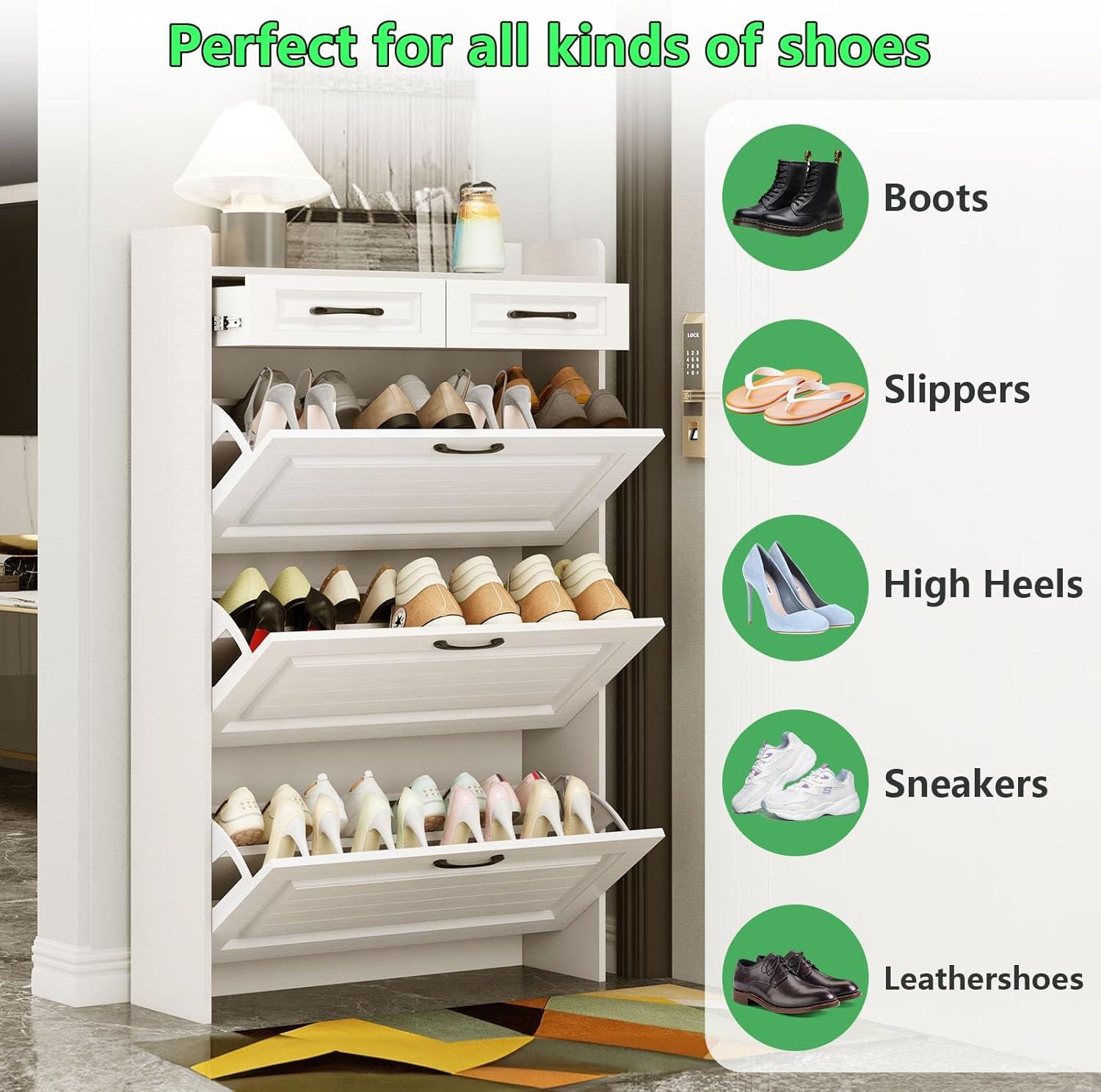 Miniyam Shoe Cabinet, Flip Down Shoe Rack with Drawers, Freestanding Shoe Storage Organizer for Entryway, White