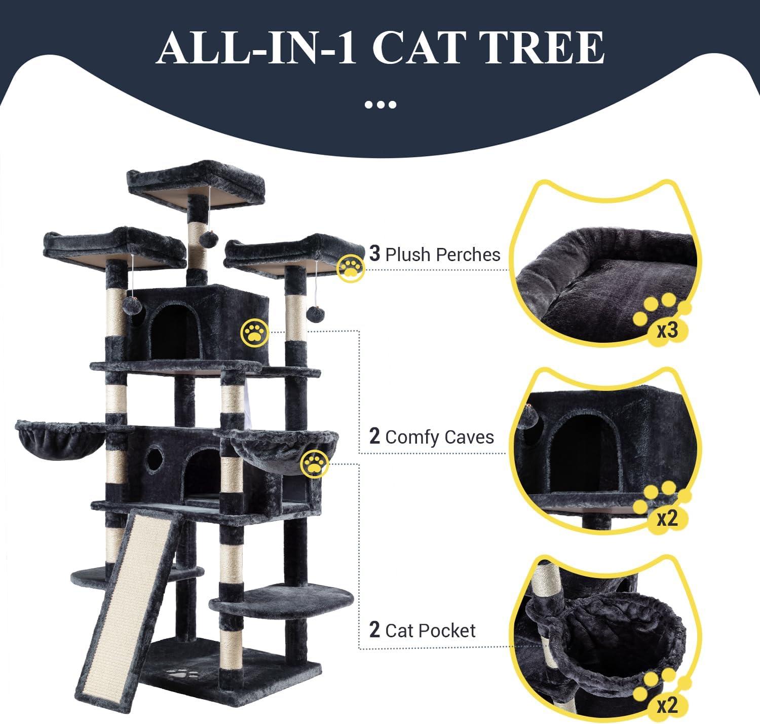 Smokey Grey 68" Multi-Level Cat Tree with Sisal Scratching Posts