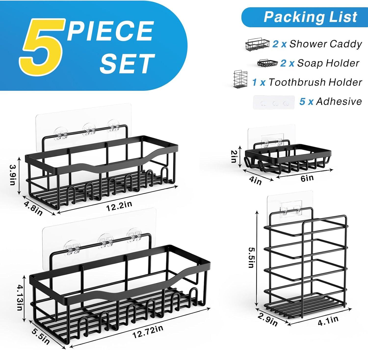 5Pack Shower Caddy Shelf Organizer with Soap Holder, Stainless Steel Bathroom Shelves Basket with Adhesives/Screws, Hooks, Storage Rack for Kitchen Black