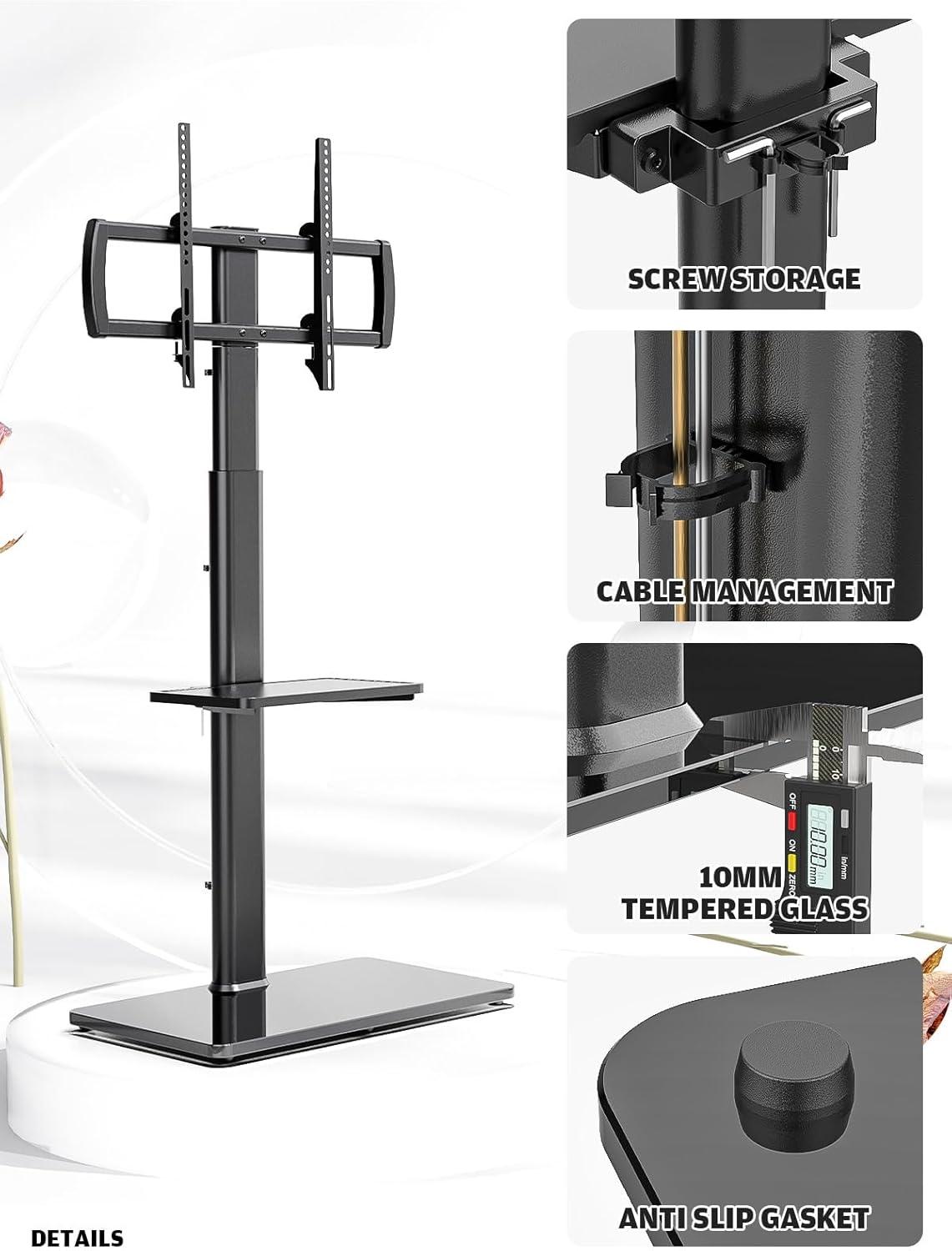 Hemudu Universal Floor TV Stand with Swivel Bracket and 2 Shelves, Black