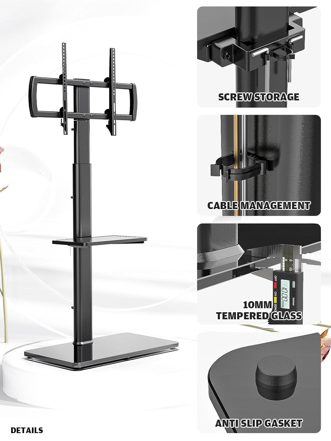 Hemudu Universal Floor TV Stand with Swivel Bracket and 2 Shelves, Black