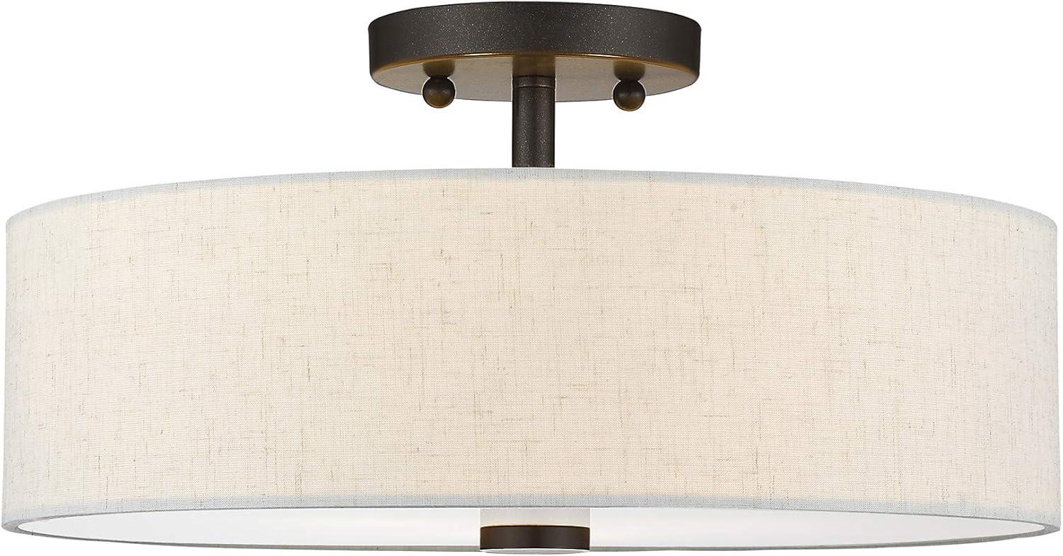 Meridian 3-Light English Bronze Semi Flush Mount with Oatmeal Fabric Shade