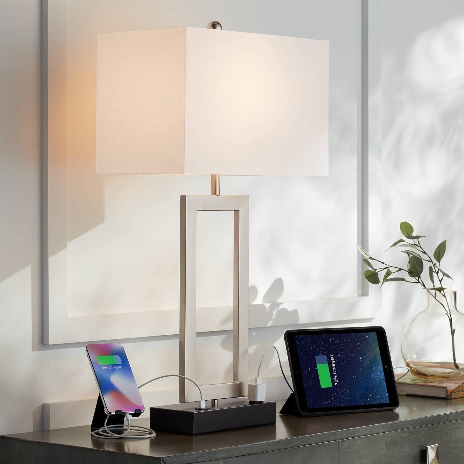 360 Lighting Todd 30" Tall Large Modern End Table Lamps Set of 2 USB Port AC Power Outlet Silver Brushed Nickel Finish Metal Living Room Charging