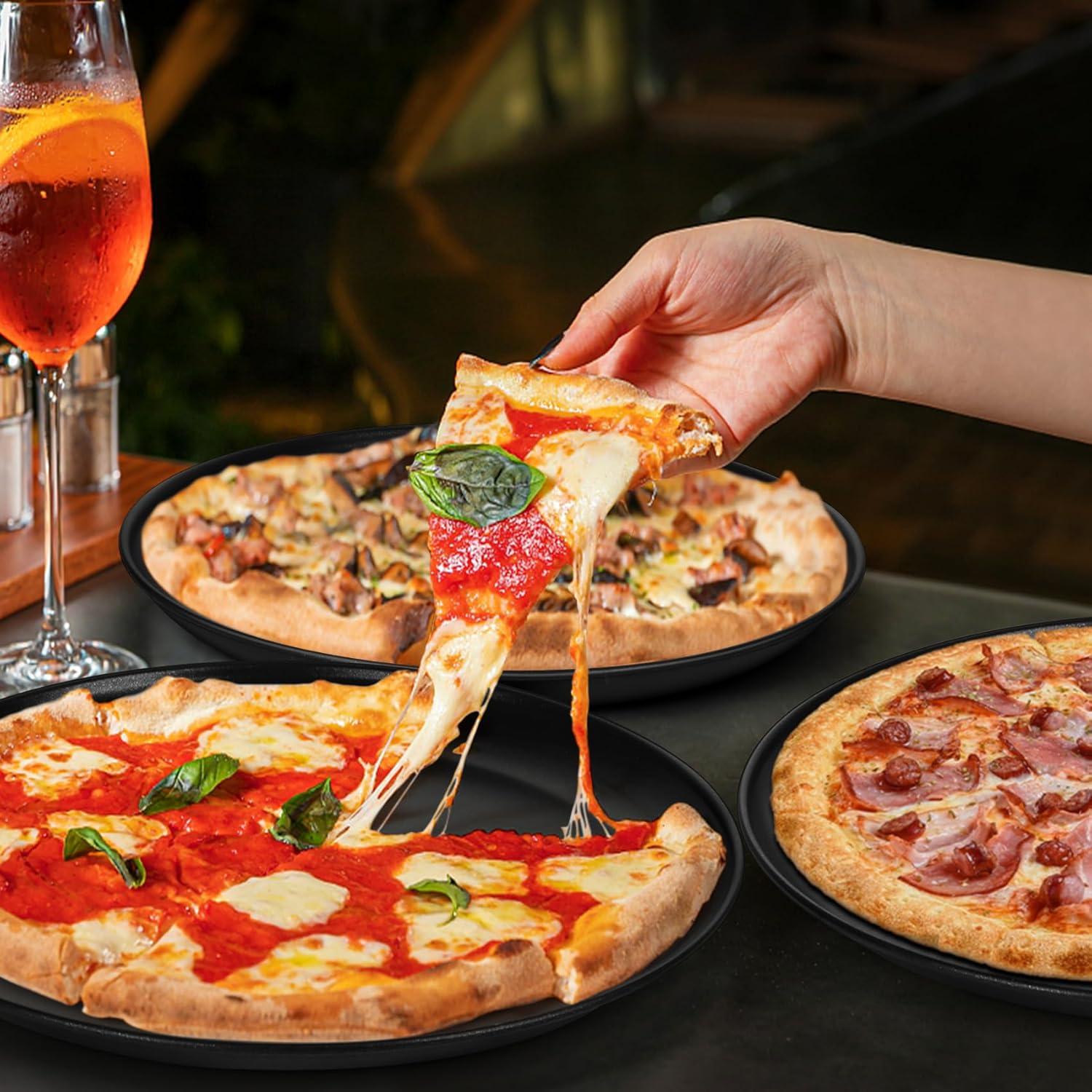 P&P CHEF 13.5 Inch Pizza Pan, 3 Pieces Stainless Steel Round Pizza Tray Dish Plate For Oven Baking Roasting, Healthy & Heavy Duty, Rust Free & Dishwasher Safe -Black