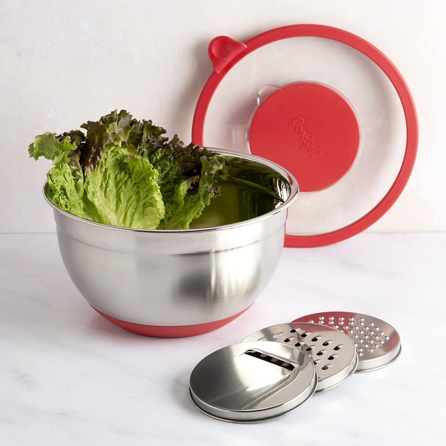 Goodful Stainless Steel Mixing Bowl with Non-Slip Bottom, Lid and 3 Interchangeable Grater Inserts (Fine, Coarse, Slicing), 5 Quart, Red