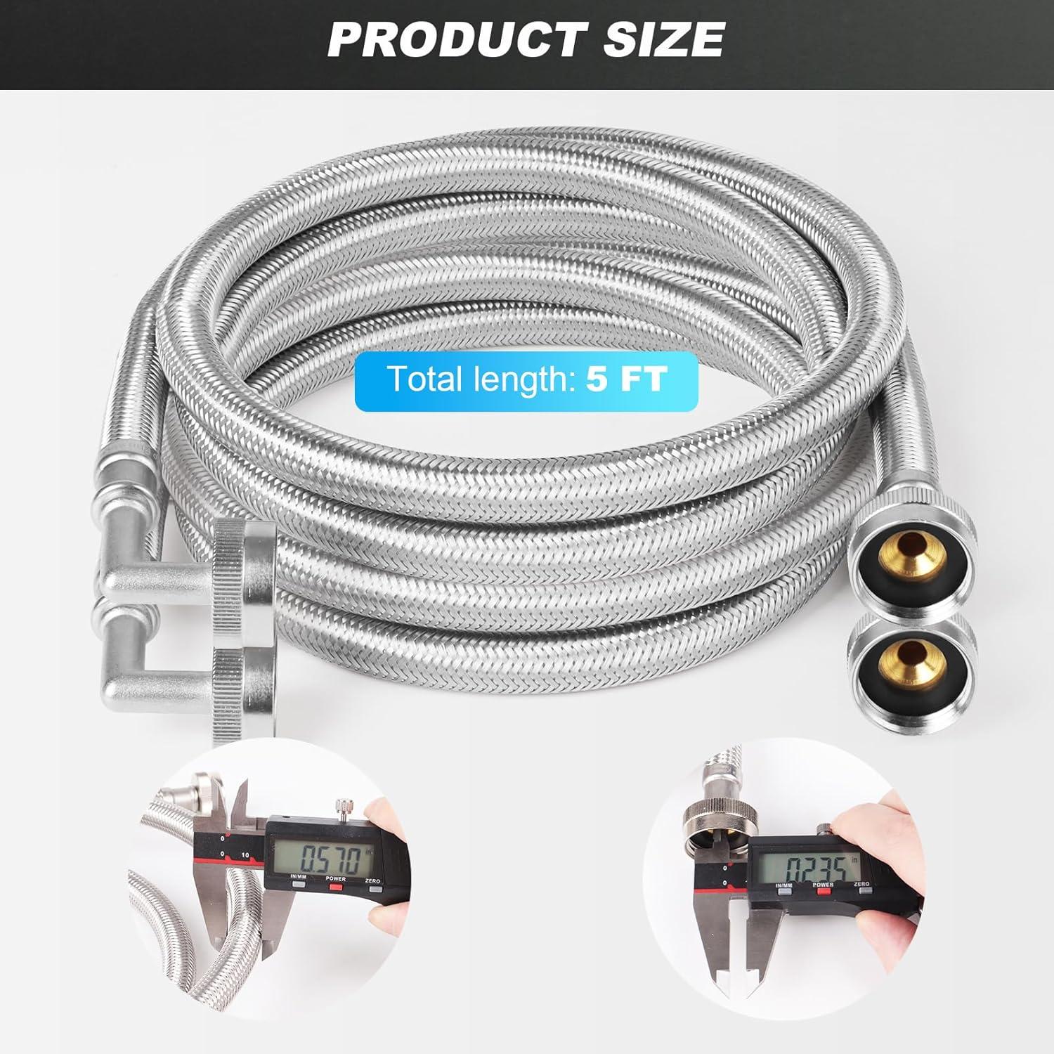 2-Pack Premium Stainless Steel Washing Machine Hoses - 5 FT No-Lead Burst Proof Water Inlet Supply Lines - Universal 90 Degree Elbow Connection