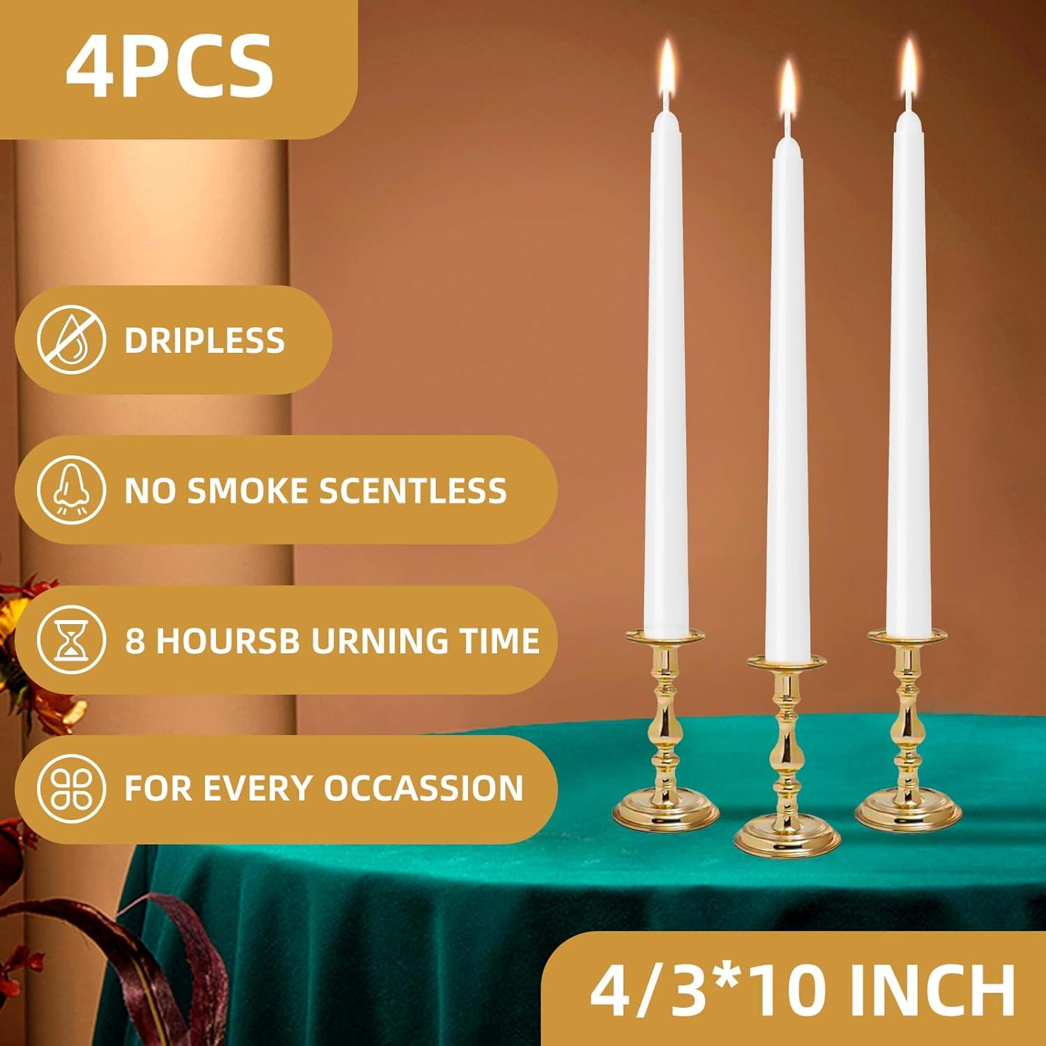 Candwax 10 inch Taper Candles Set of 4 - Dripless Taper Candles and Unscented Candlesticks - Perfect as Dinner Candles and Household Candles - White Candles