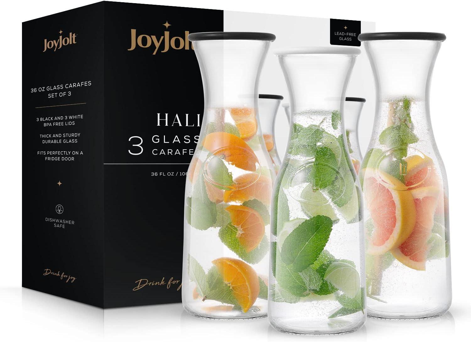 JoyJolt Hali Glass Carafe Bottle Pitcher with 6 Lids, 36 oz